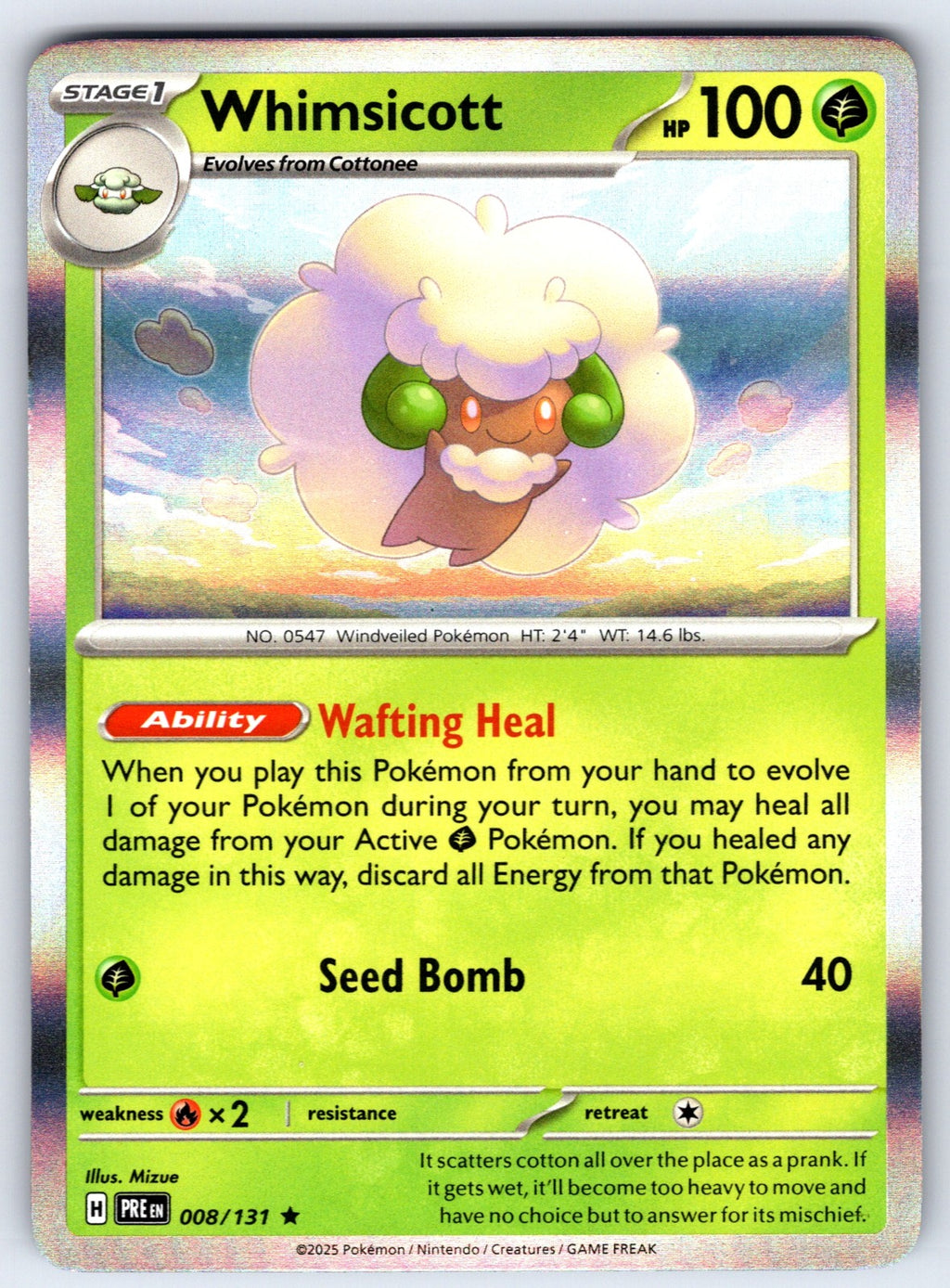 Whimsicott Holo Rare SV: Prismatic Evolutions 008/131 NM 2025