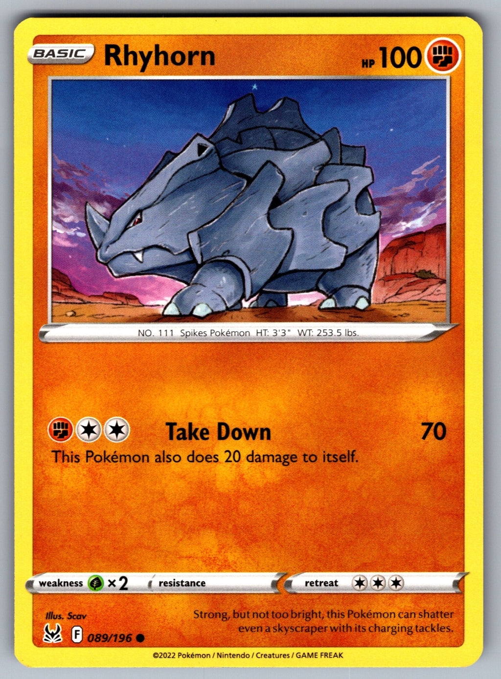 Rhyhorn Common SWSH11: Lost Origin 089/196 NM 2022