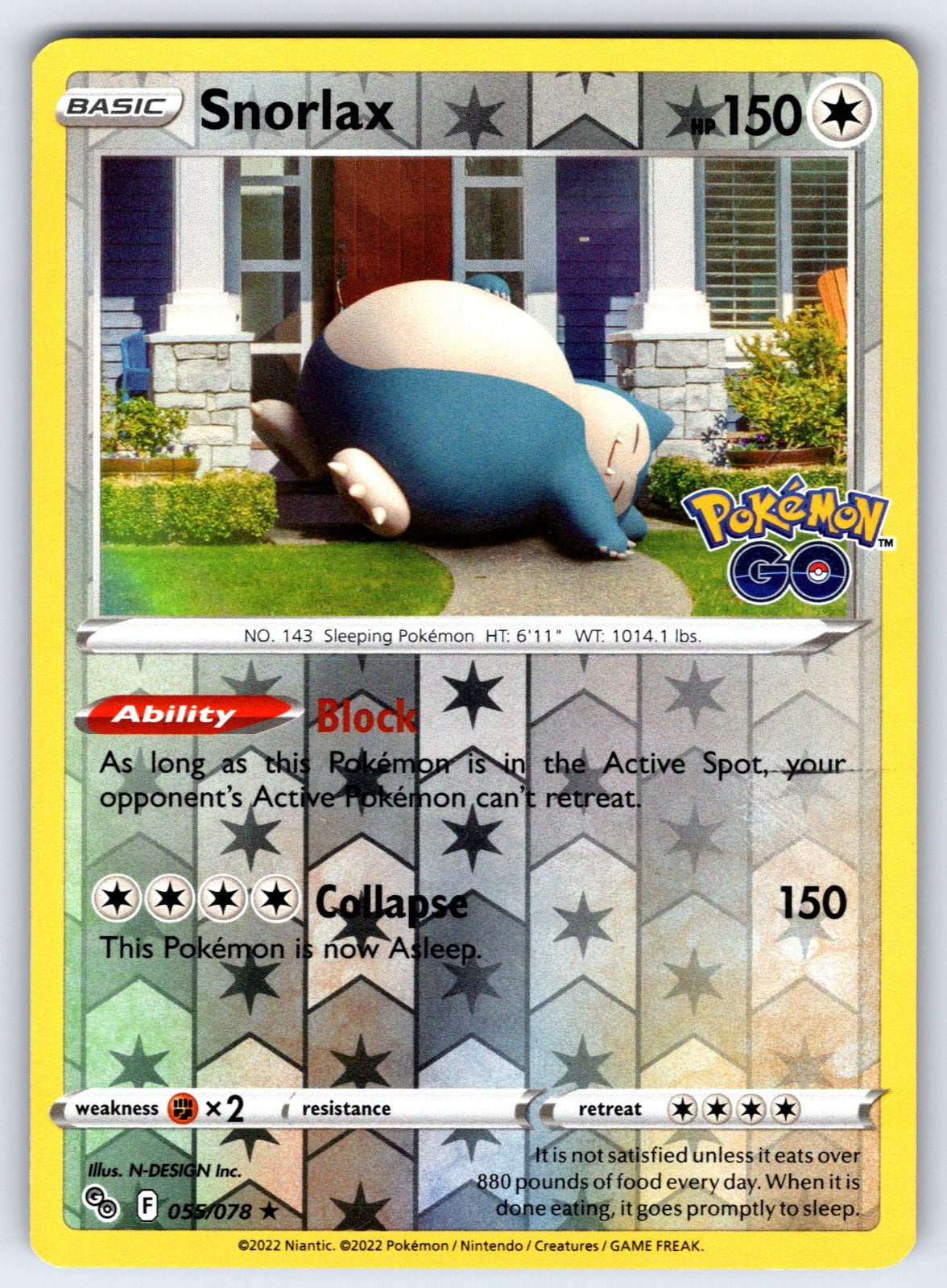 Snorlax Reverse Holo Holo Rare Pokemon GO 055/078 NM 2022
