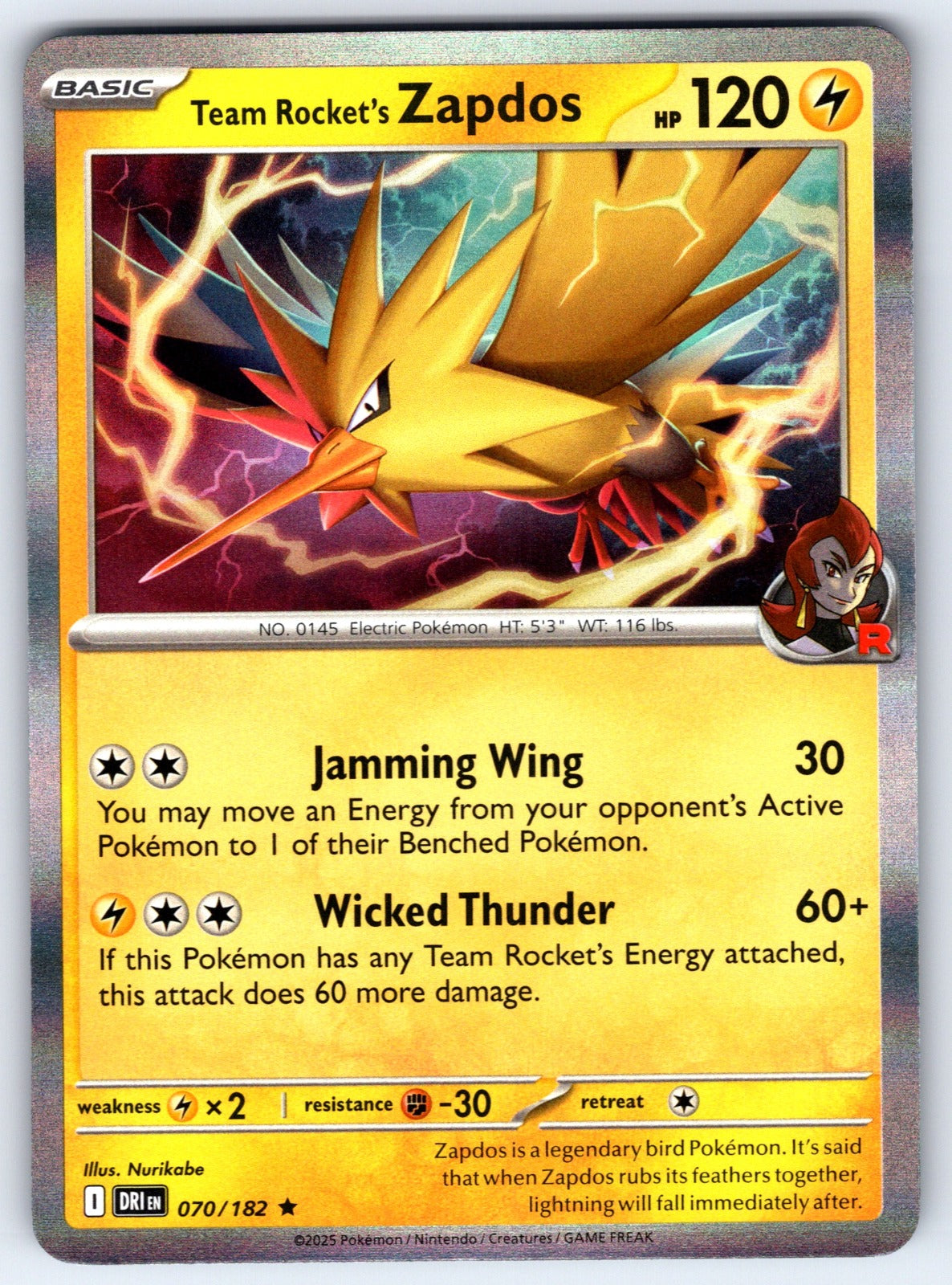 Team Rocket's Zapdos Holo Rare SV10: Destined Rivals 070/182 NM 2025