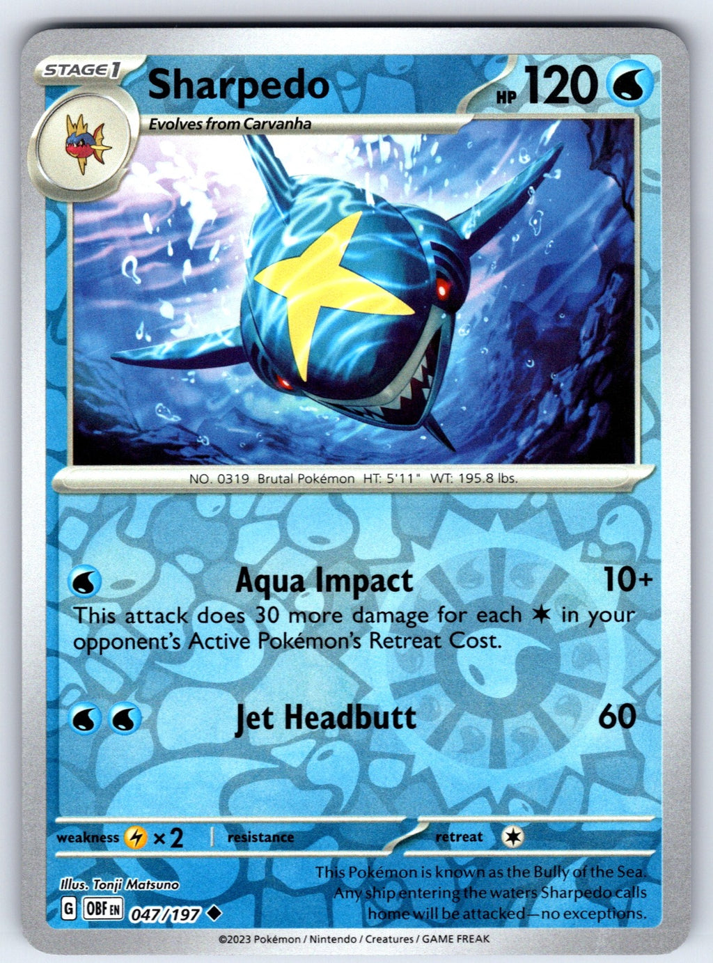 Sharpedo Reverse Holo Uncommon SV03: Obsidian Flames 047/197 NM 2023