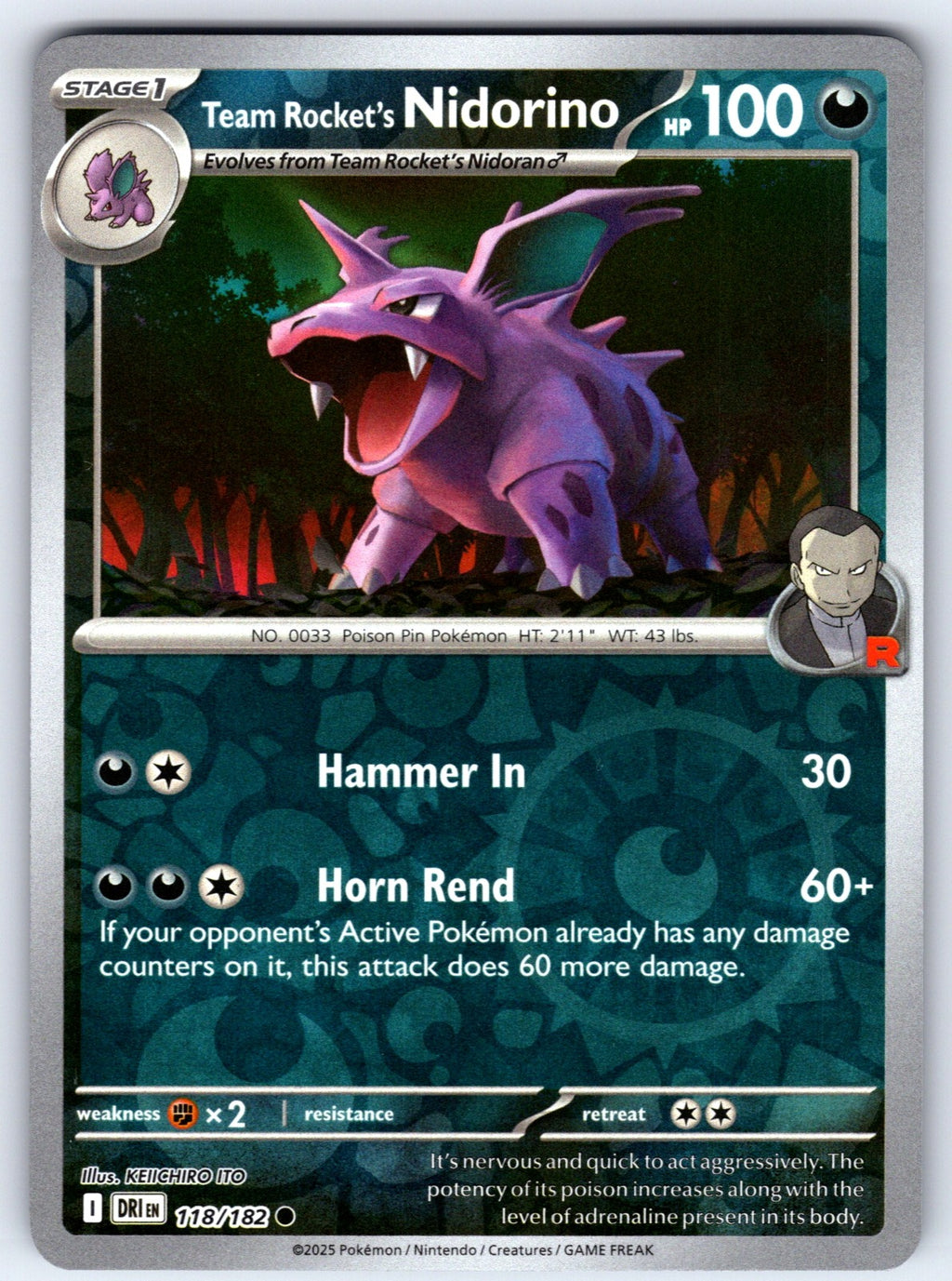 Team Rocket's Nidorino Common SV10: Destined Rivals 118/182 NM 2025