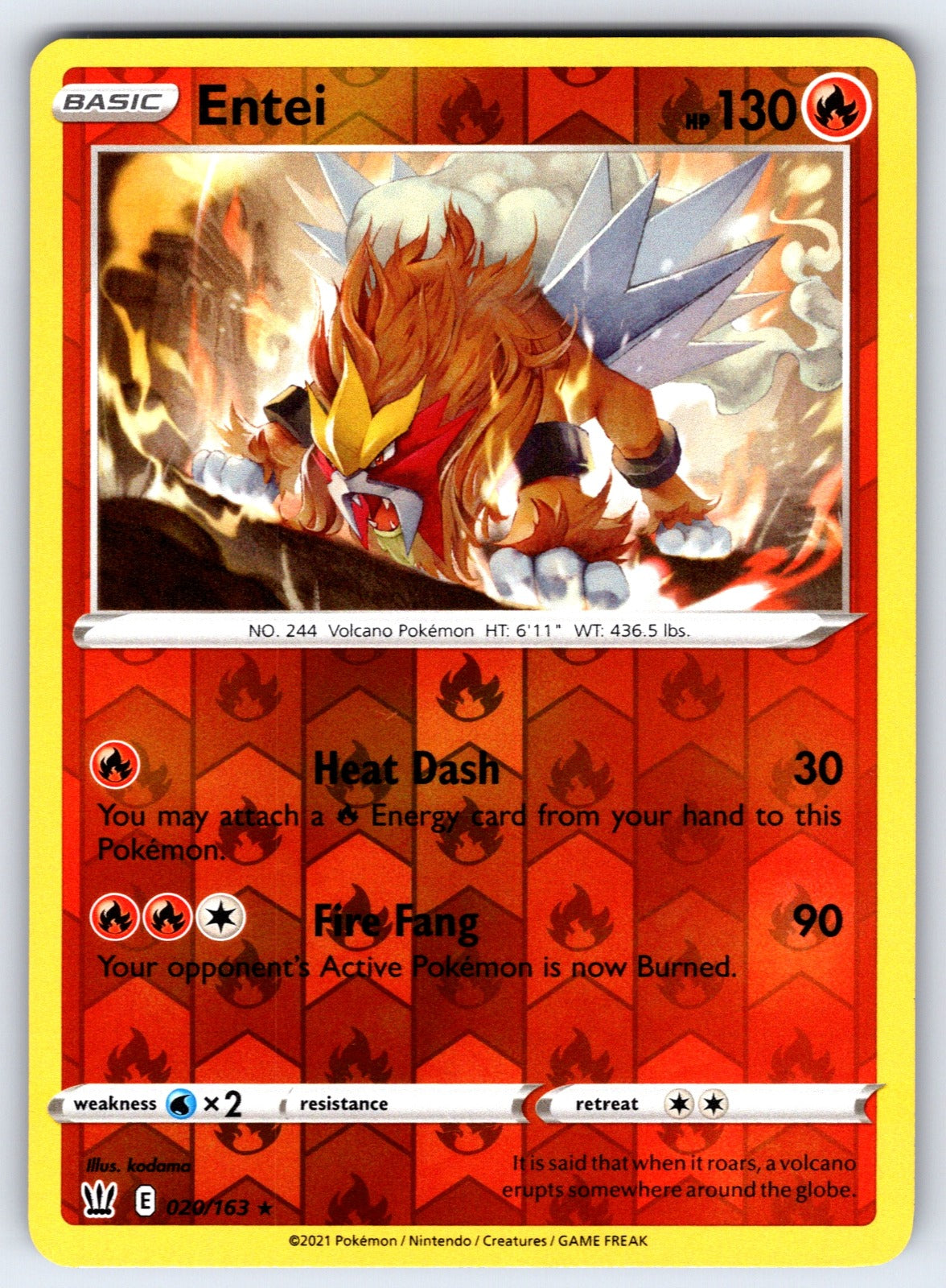 Entei Reverse Holo Holo Rare SWSH05: Battle Styles 020/163 NM 2021