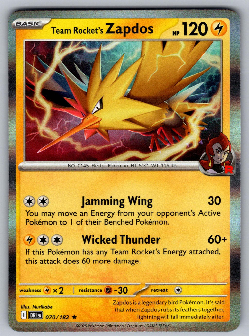 Team Rocket's Zapdos Holo Rare SV10: Destined Rivals 070/182 NM 2025