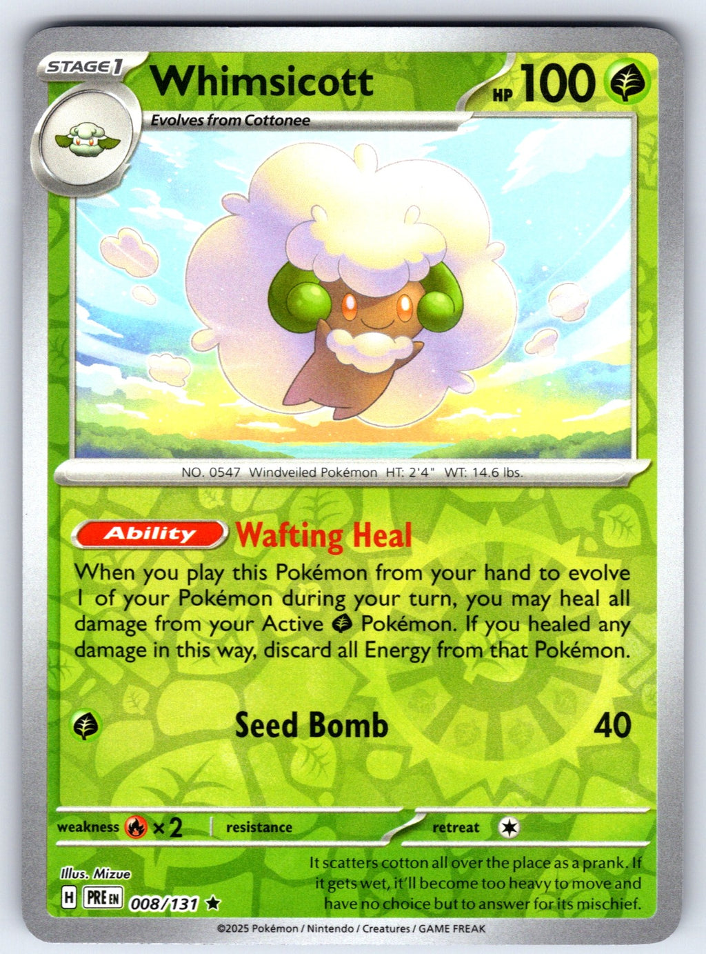Whimsicott Reverse Holo Rare SV: Prismatic Evolutions 008/131 NM 2025