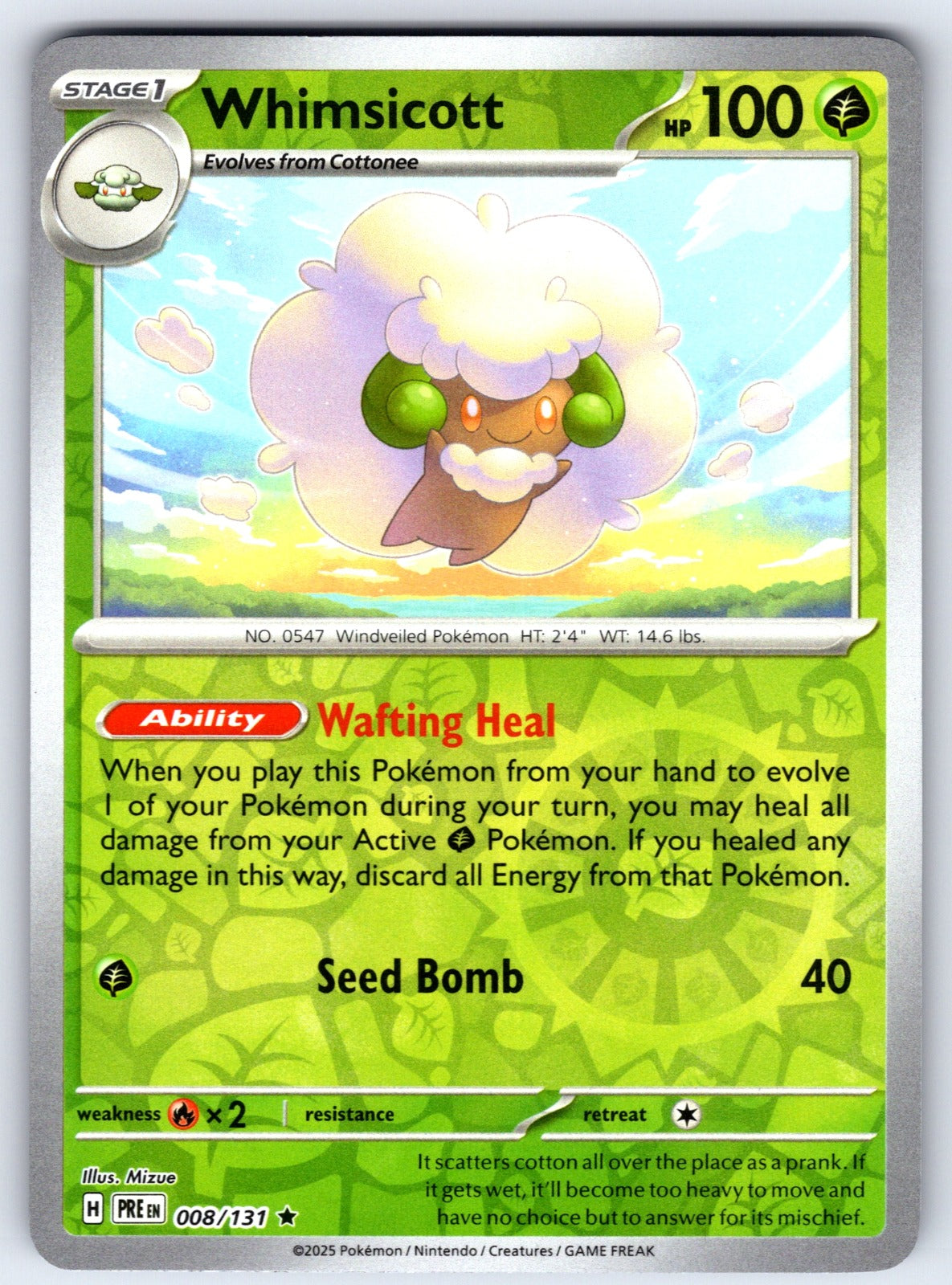 Whimsicott Reverse Holo Rare SV: Prismatic Evolutions 008/131 NM 2025