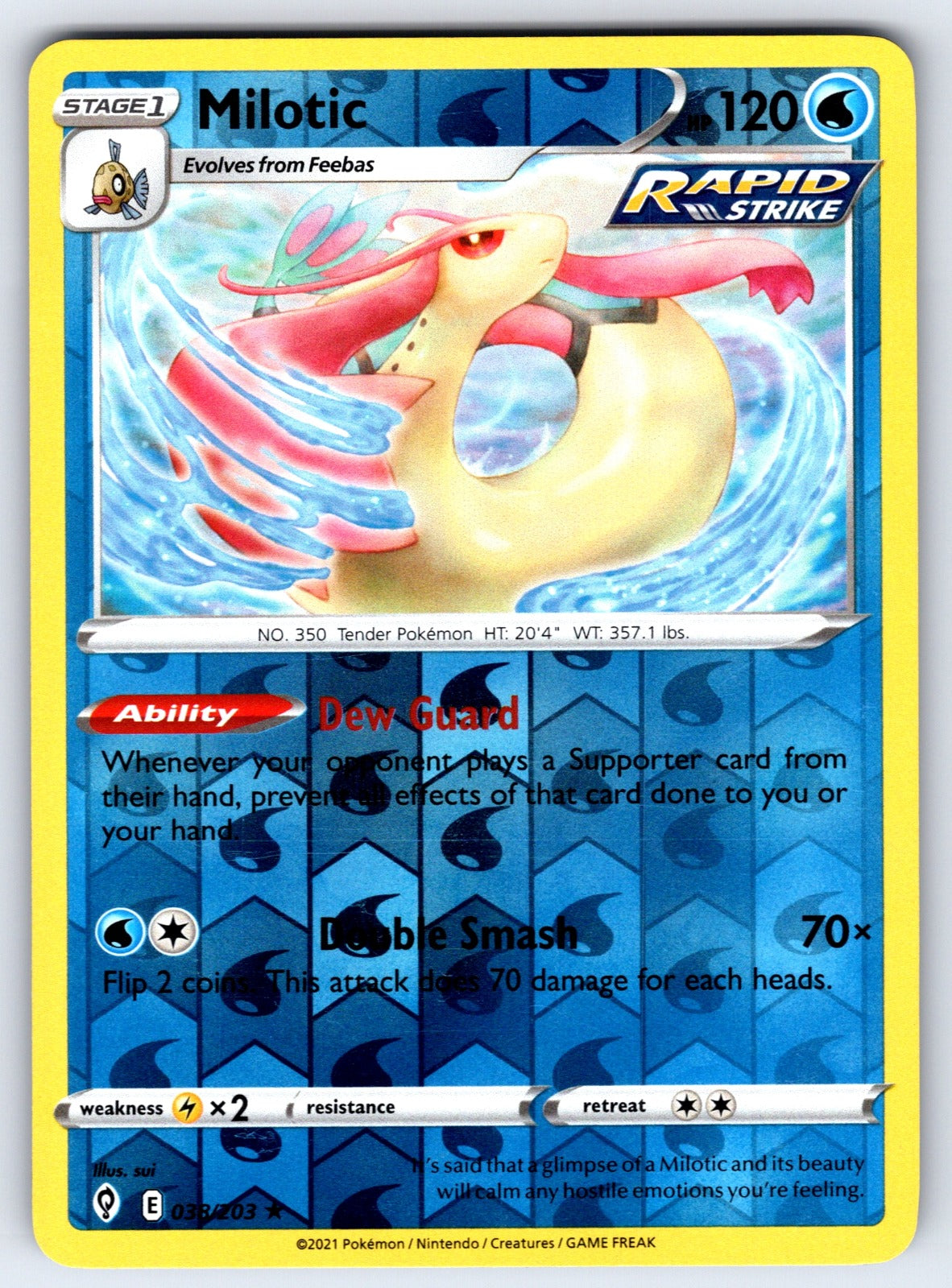 Milotic Reverse Holo Rare SWSH07: Evolving Skies 038/203 NM 2021