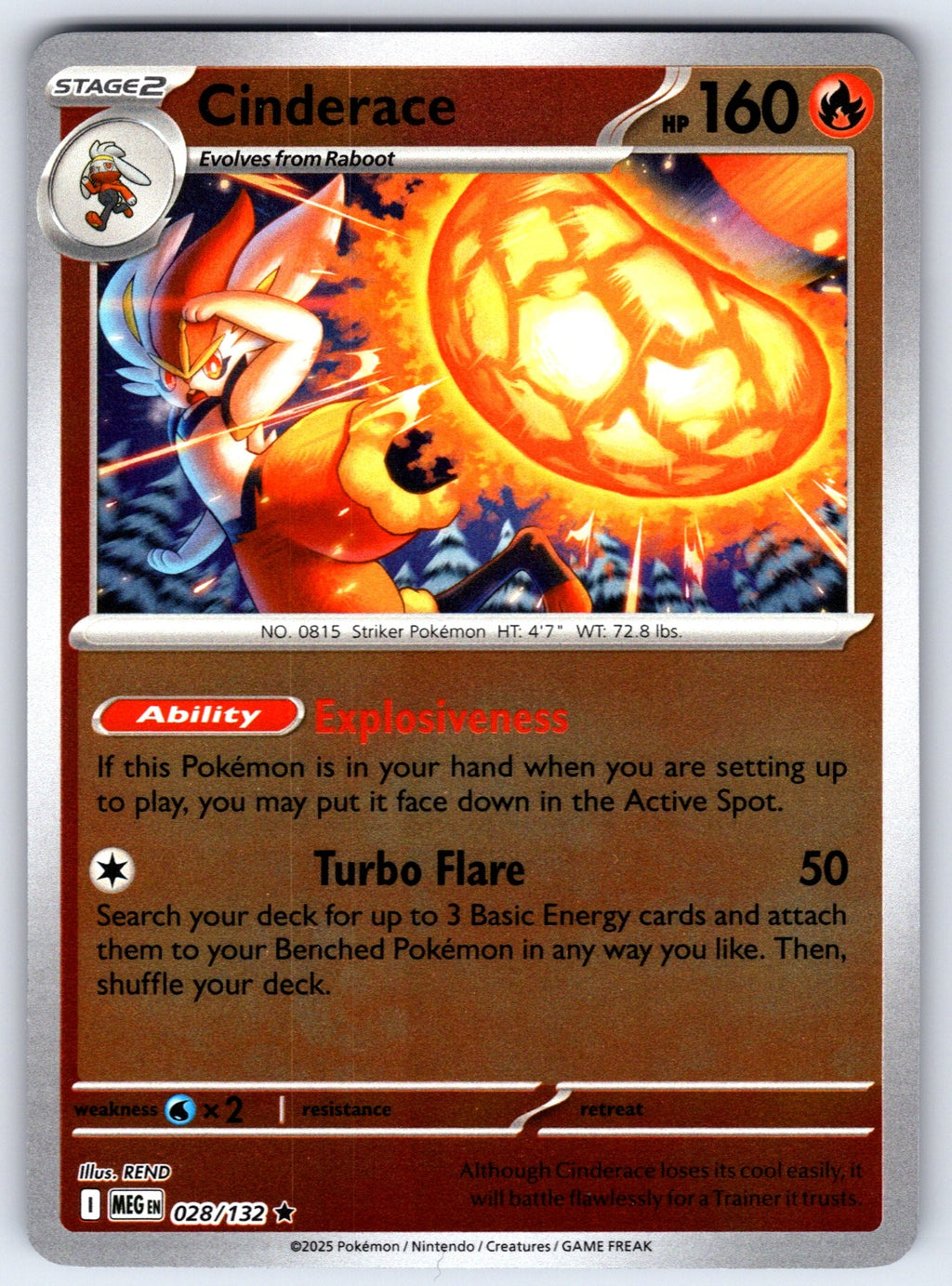 Cinderace Reverse Holo Rare ME01: Mega Evolution 028/132 NM 2025