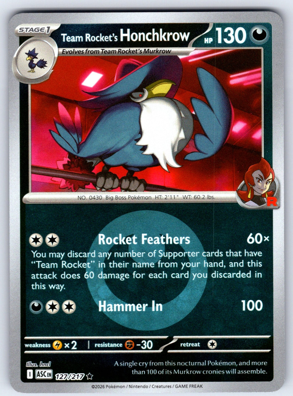Team Rocket's Honchkrow (Team Rocket) Reverse Holo Rare ME: Ascended Heroes 127/217 NM 2026