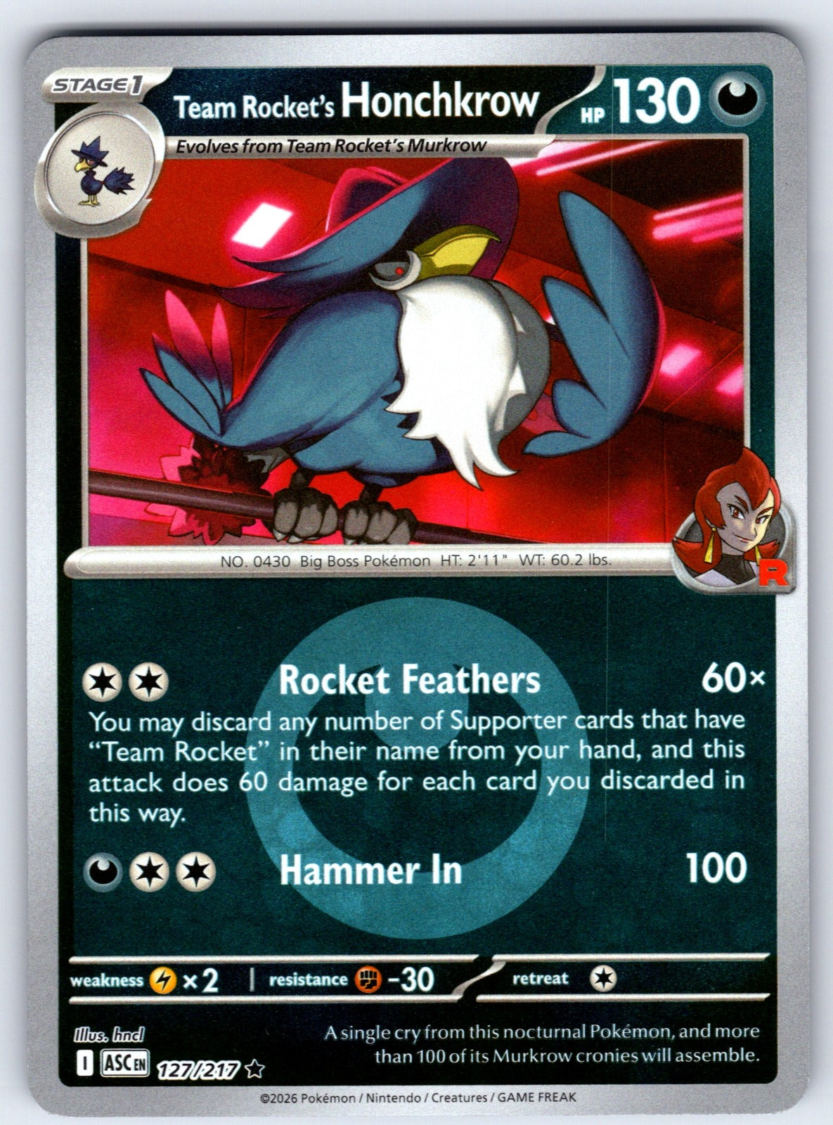 Team Rocket's Honchkrow (Team Rocket) Reverse Holo Rare ME: Ascended Heroes 127/217 NM 2026