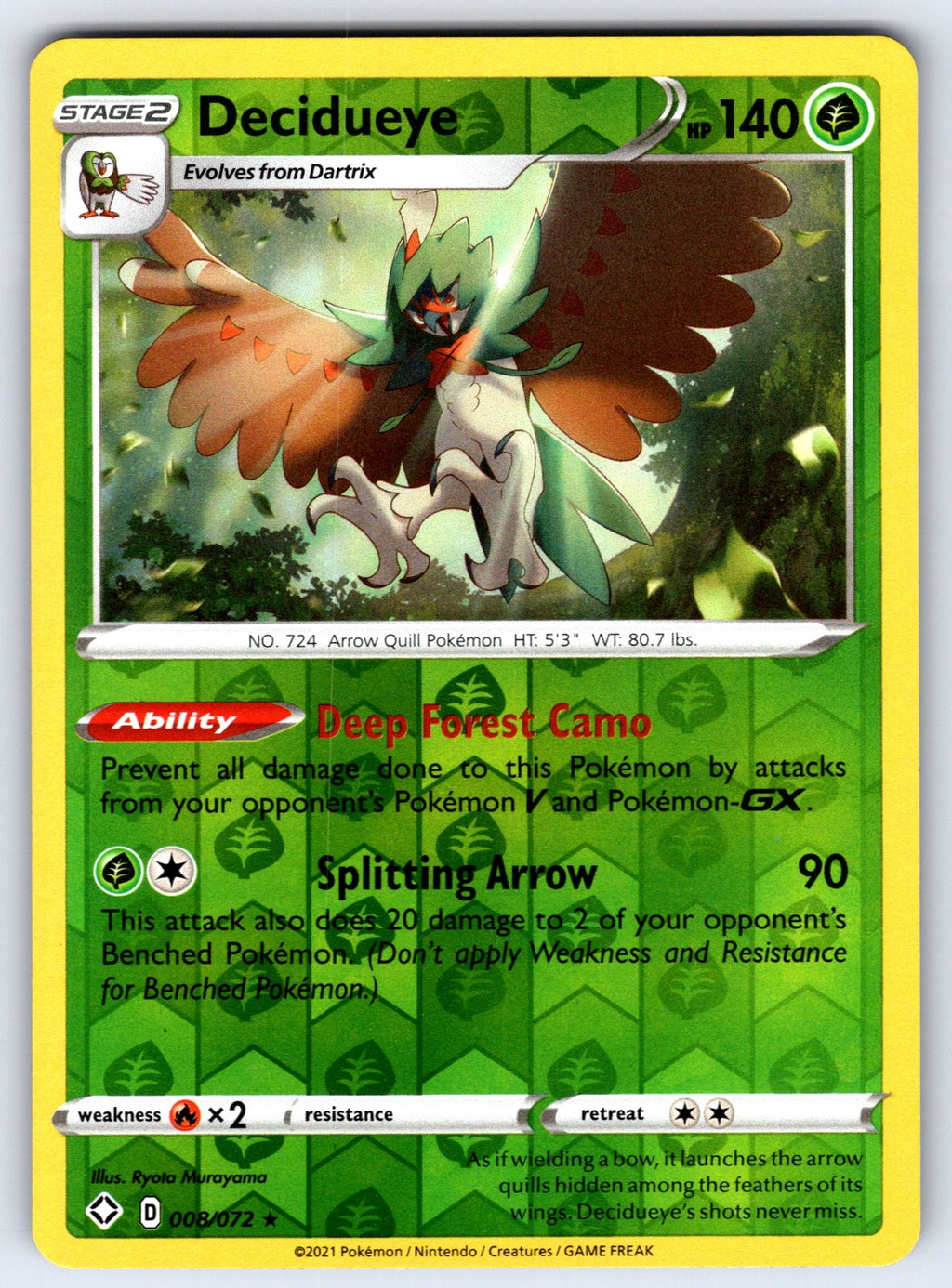 Decidueye Reverse Holo Holo Rare Shining Fates 008/072 NM 2021