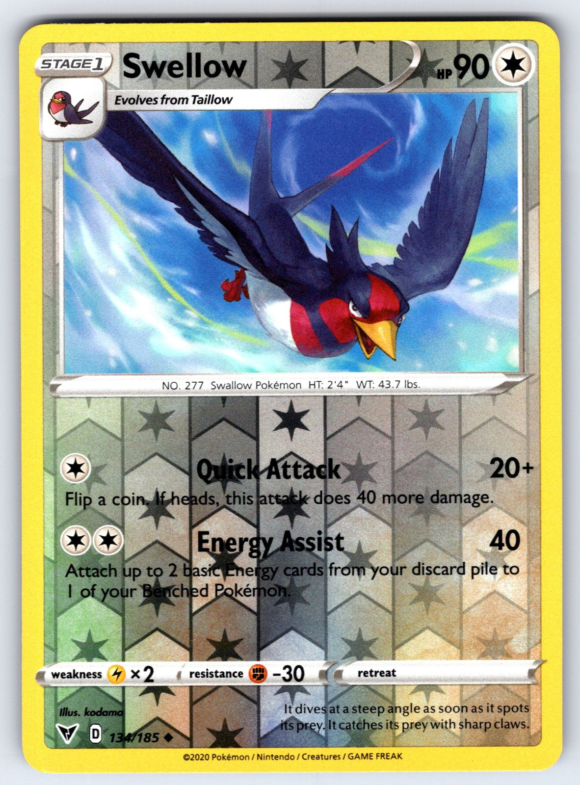 Swellow Reverse Holo Uncommon SWSH04: Vivid Voltage 134/185 NM 2020