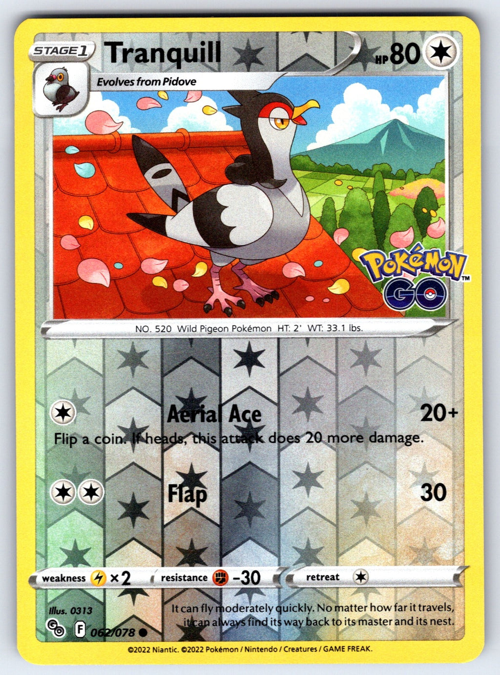 Tranquill Reverse Holo Common Pokemon GO 062/078 NM 2022