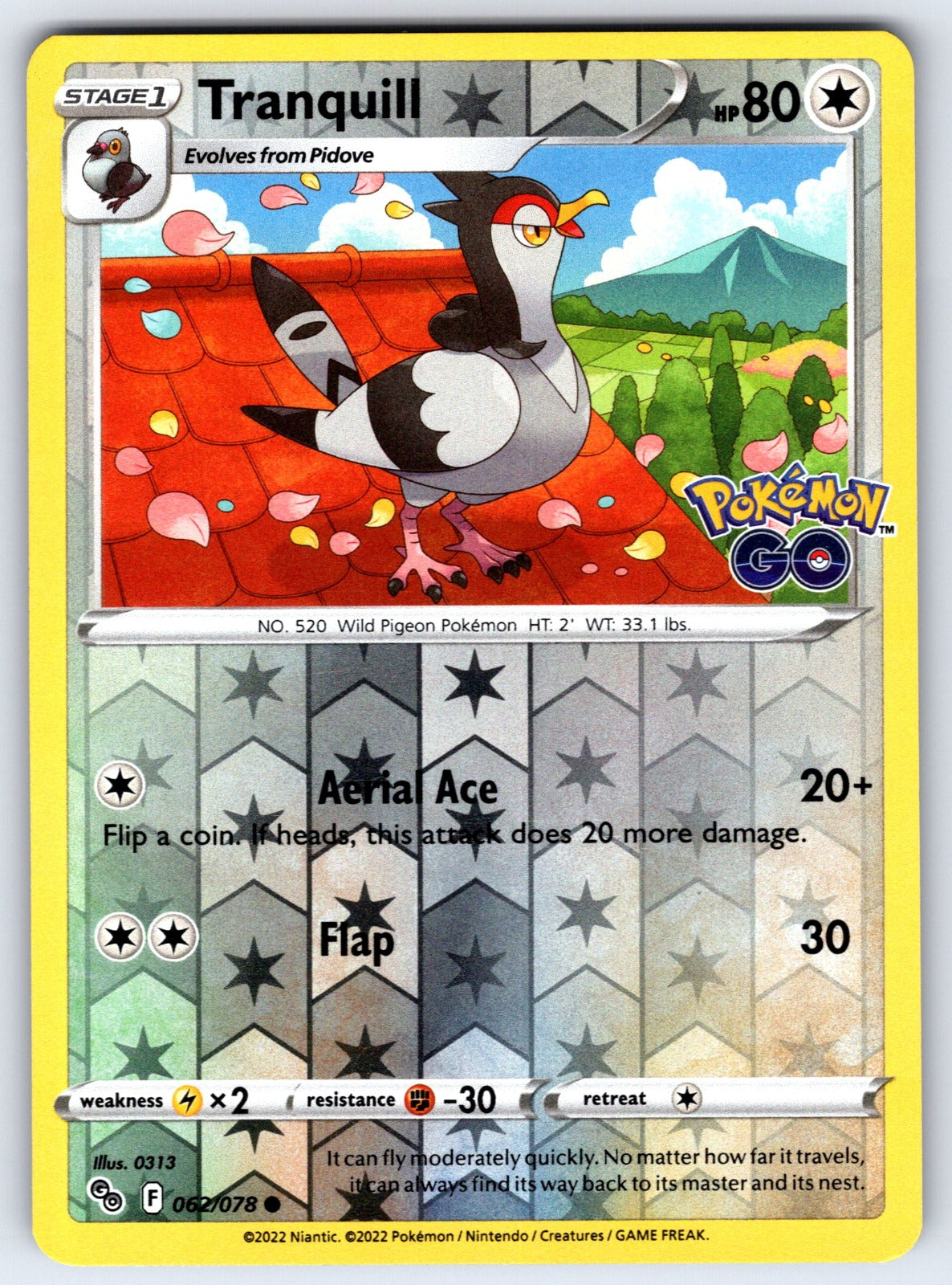 Tranquill Reverse Holo Common Pokemon GO 062/078 NM 2022