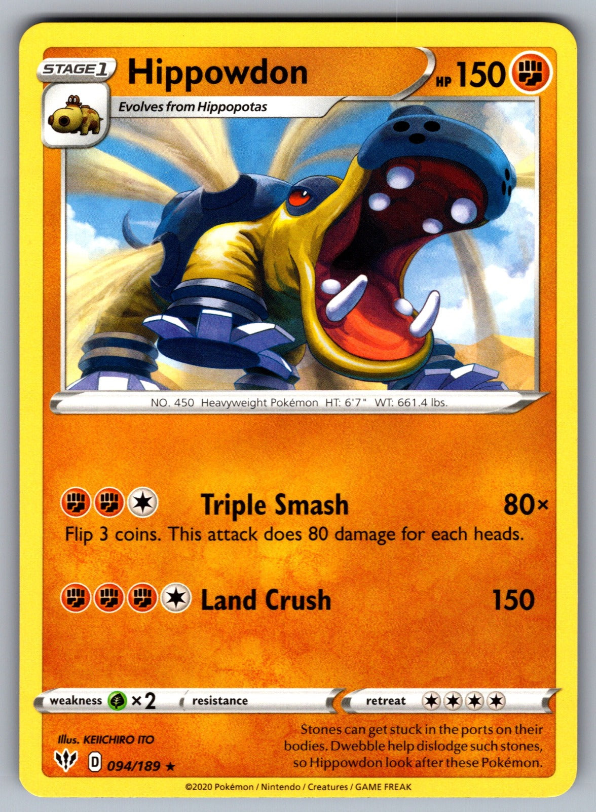 Hippowdon Rare SWSH03: Darkness Ablaze 094/189 NM 2020