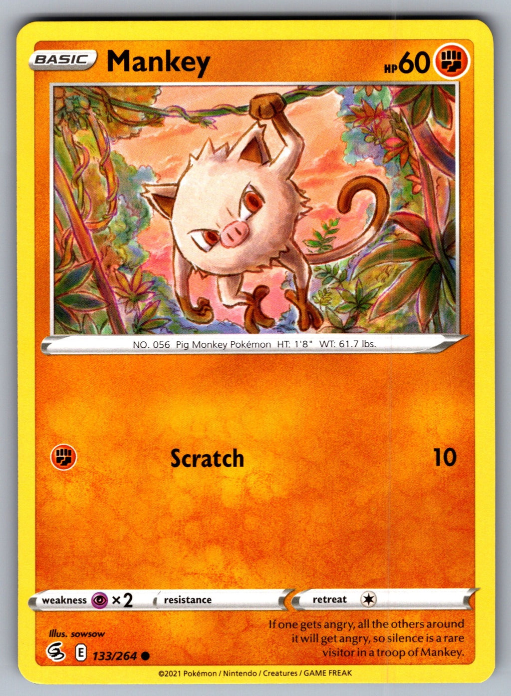 Mankey Common SWSH08: Fusion Strike 133/264 NM 2021