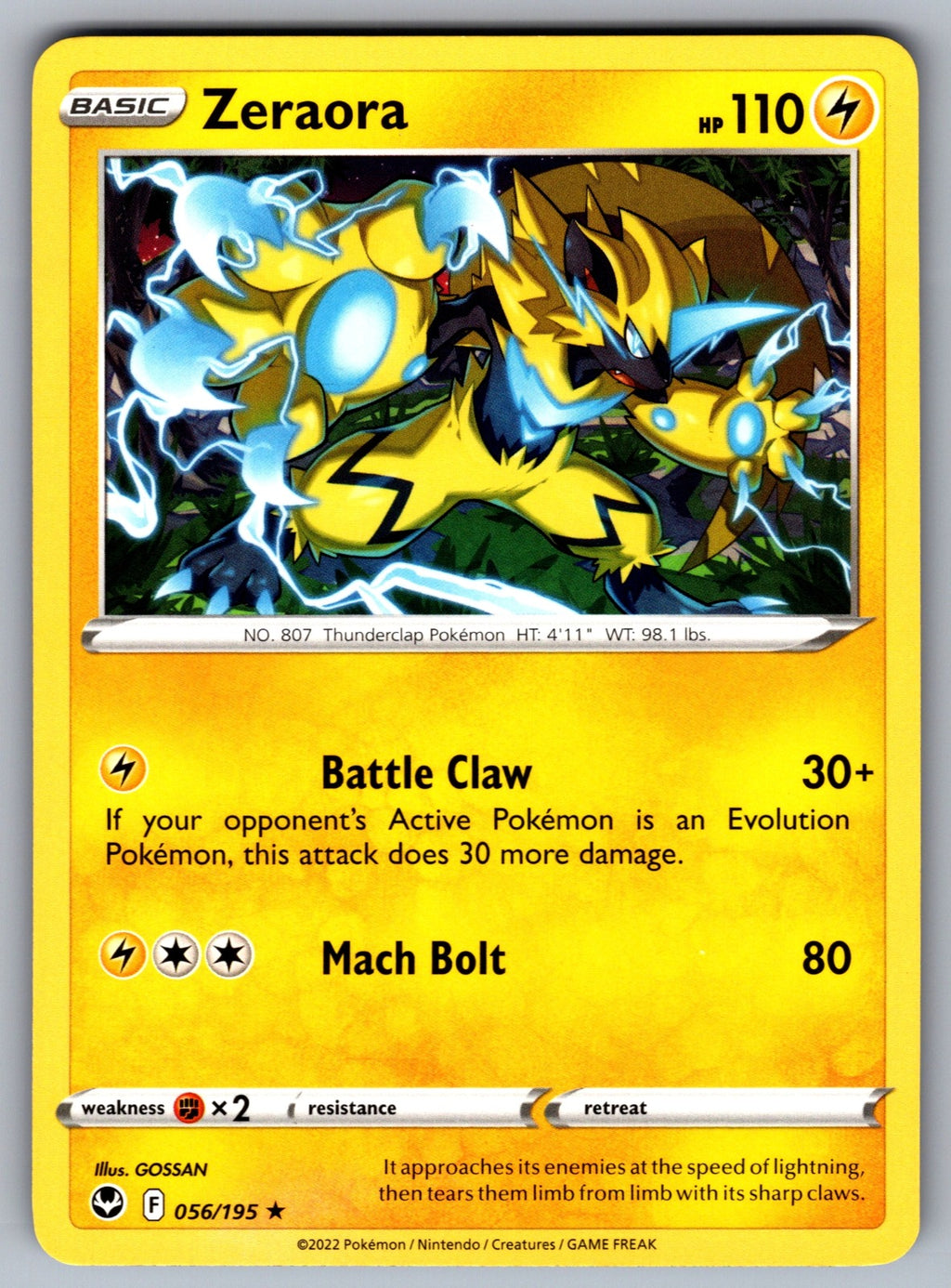 Zeraora Rare SWSH12: Silver Tempest 056/195 NM 2022