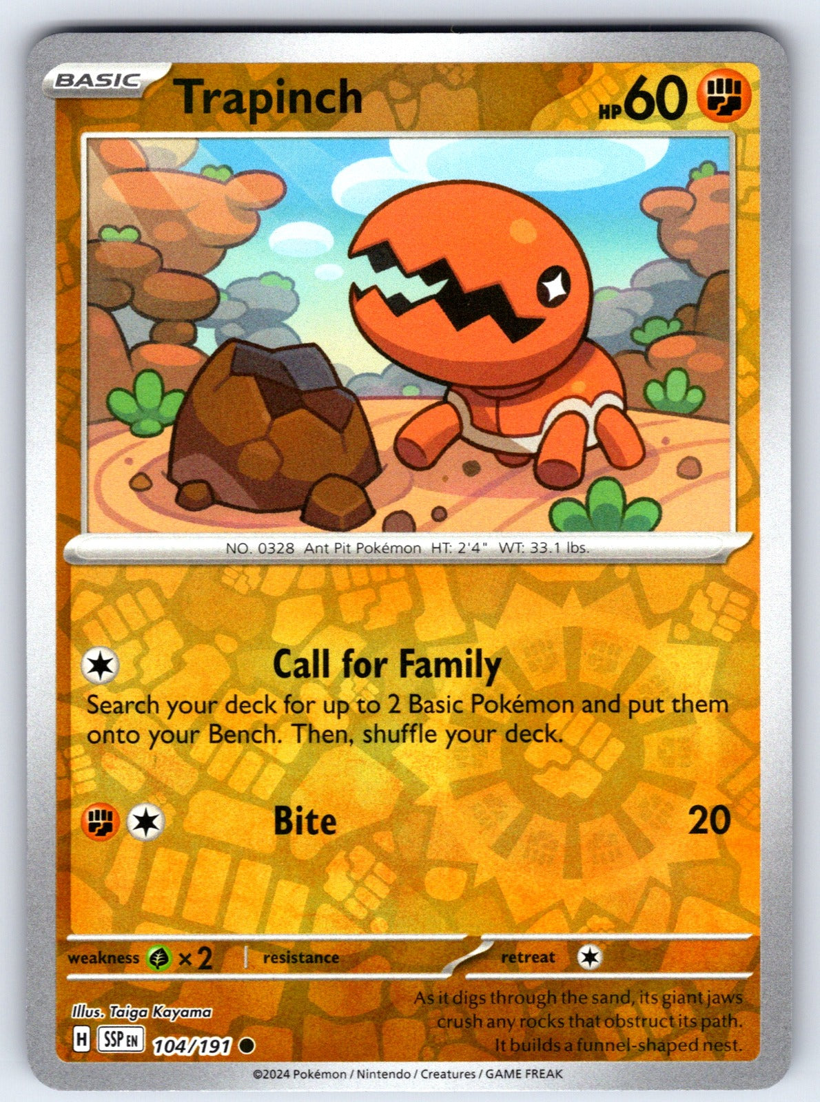 Trapinch Reverse Holo Common SV08: Surging Sparks 104/191 NM 2024