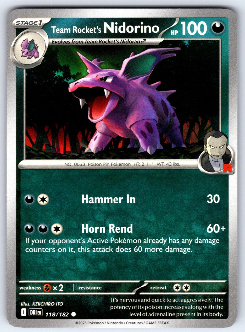 Team Rocket's Nidorino Common SV10: Destined Rivals 118/182 NM 2025