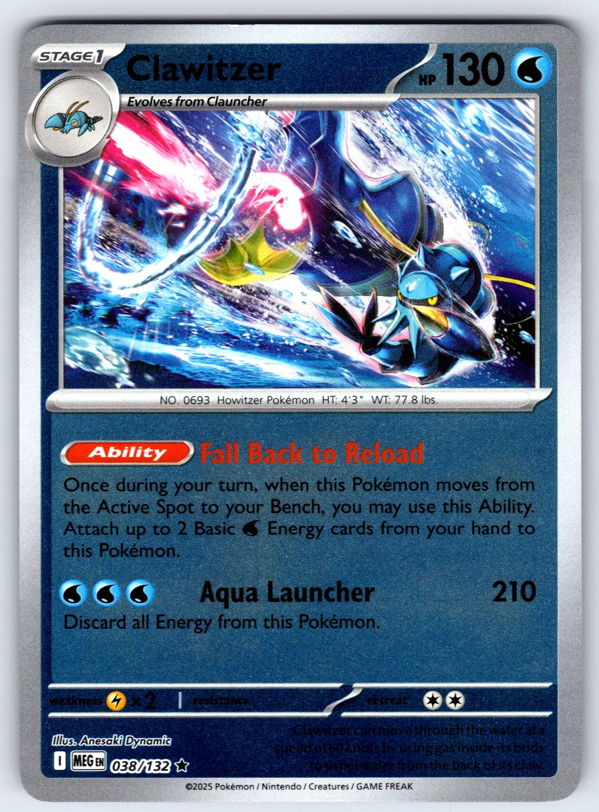 Clawitzer Reverse Holo Rare ME01: Mega Evolution 038/132 NM 2025