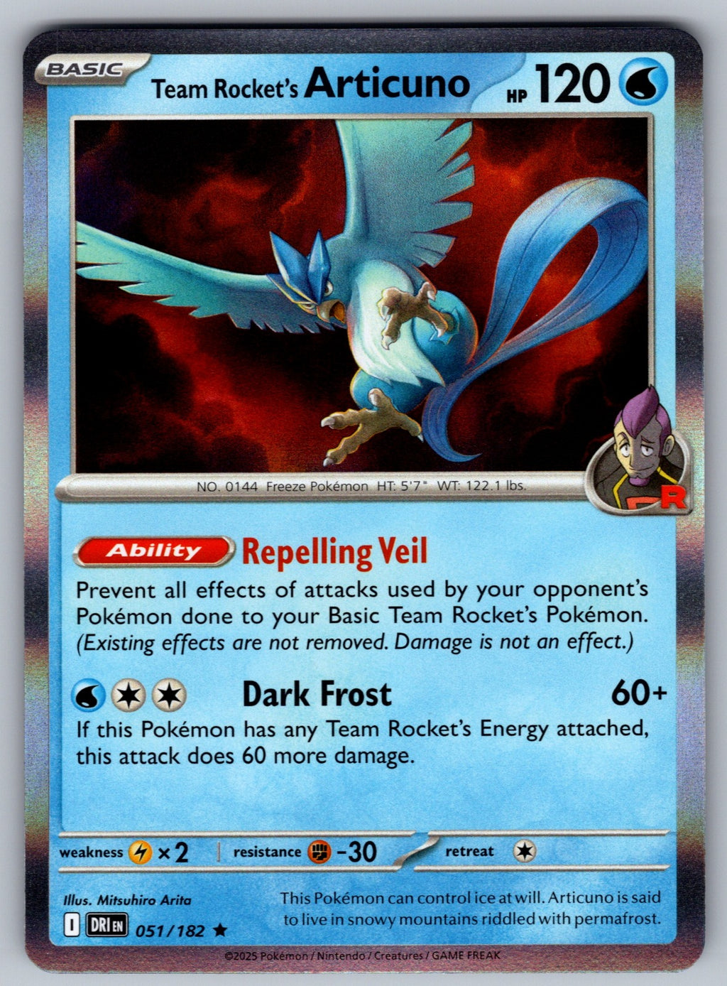 Team Rocket's Articuno Holo Rare SV10: Destined Rivals 051/182 NM 2025