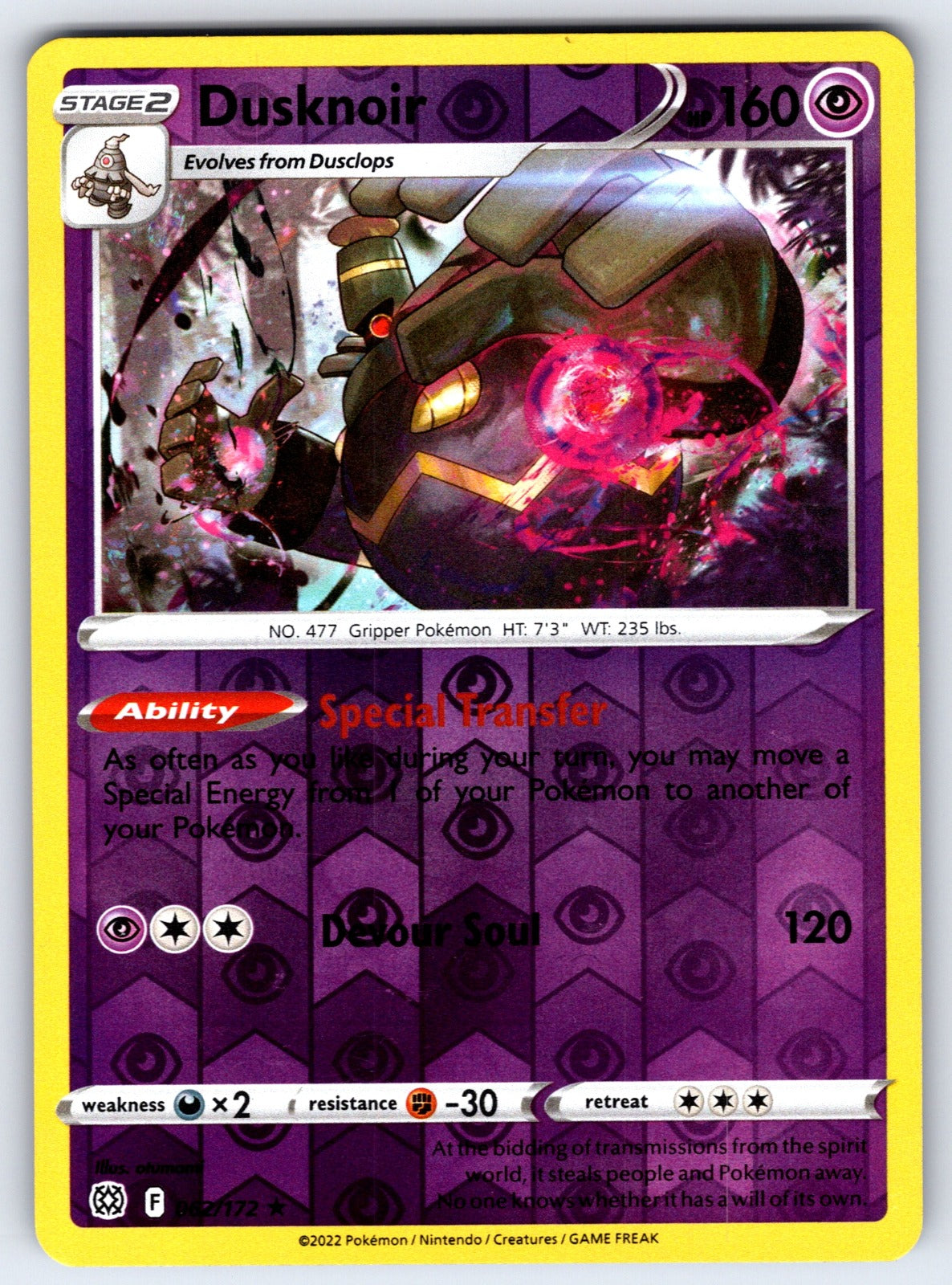 Dusknoir Reverse Holo Holo Rare SWSH09: Brilliant Stars 062/172 NM 2022