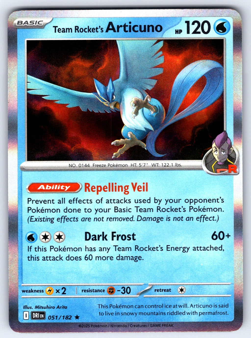 Team Rocket's Articuno Holo Rare SV10: Destined Rivals 051/182 NM 2025