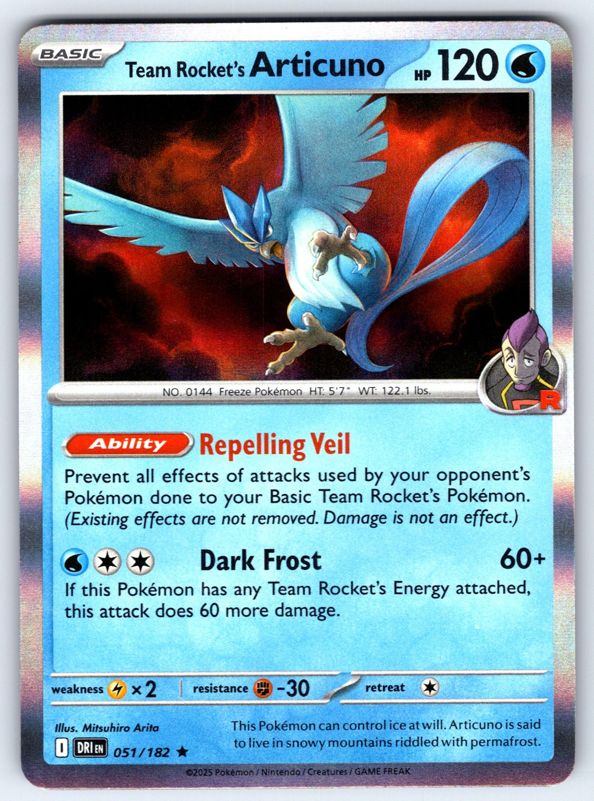 Team Rocket's Articuno Holo Rare SV10: Destined Rivals 051/182 NM 2025