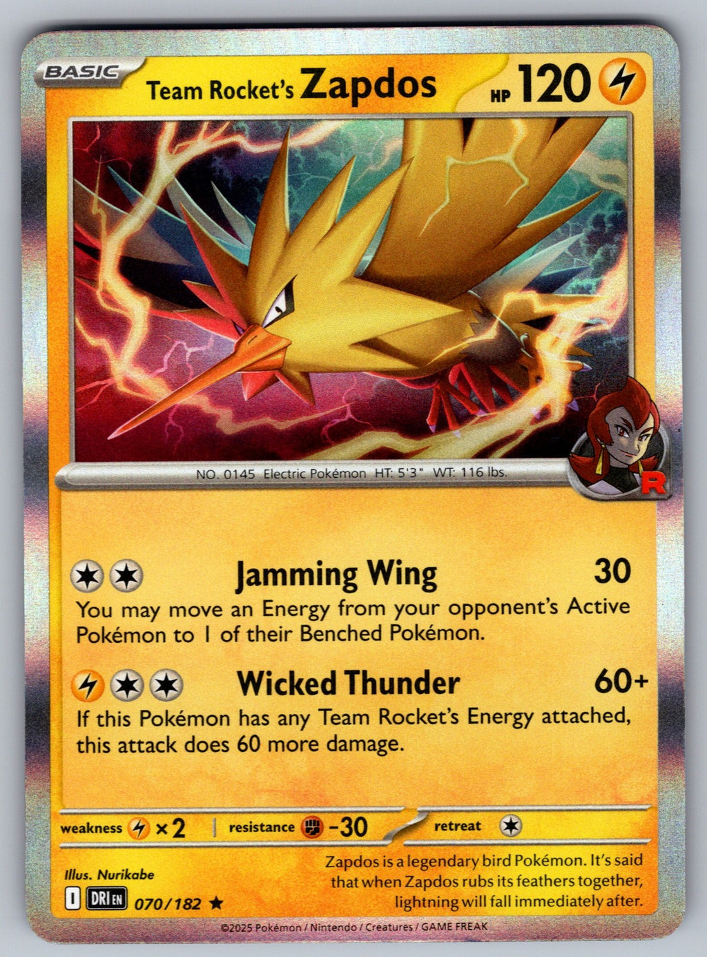 Team Rocket's Zapdos Holo Rare SV10: Destined Rivals 070/182 NM 2025