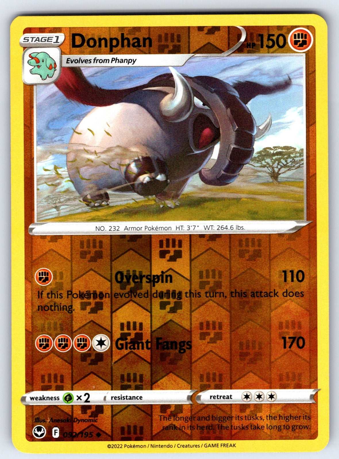 Donphan Reverse Holo Uncommon SWSH12: Silver Tempest 092/195 NM 2022