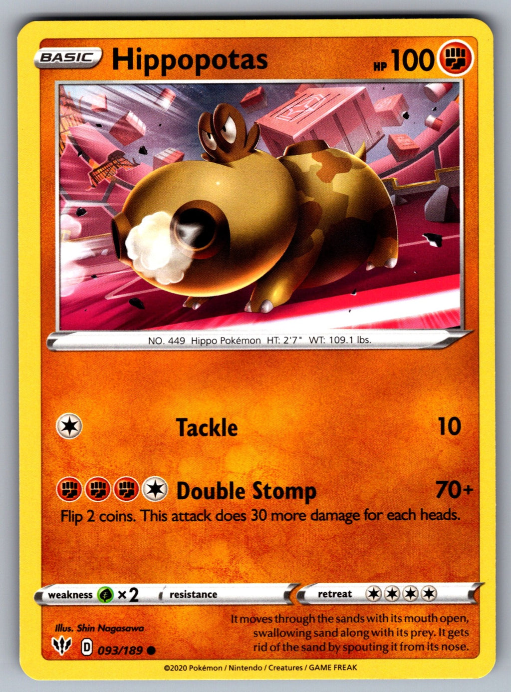 Hippopotas Common SWSH03: Darkness Ablaze 093/189 NM 2020