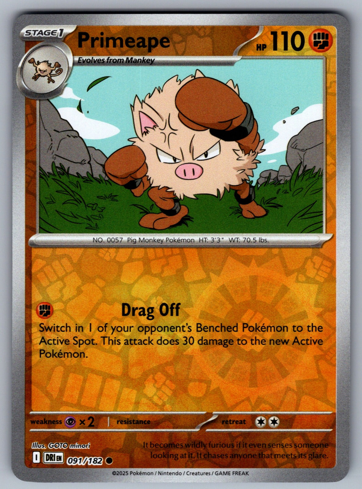 Primeape Reverse Holo Common SV10: Destined Rivals 091/182 NM 2025