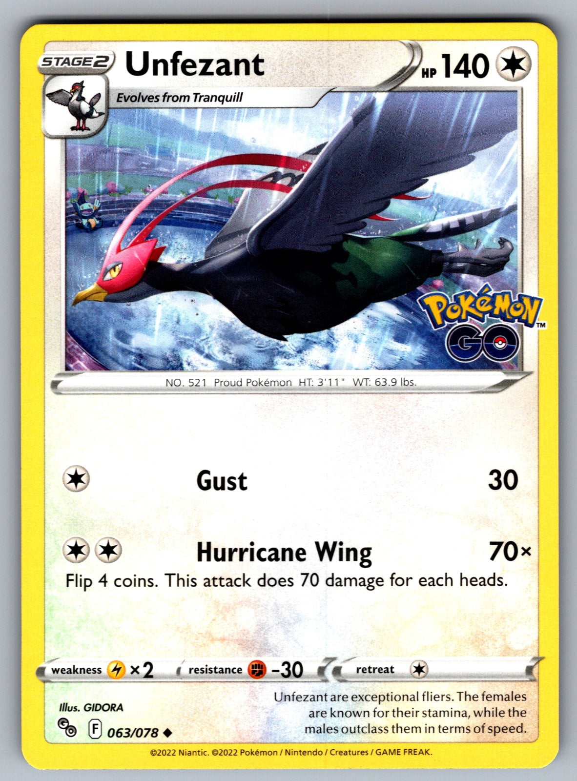 Unfezant Uncommon Pokemon GO 063/078 NM 2022
