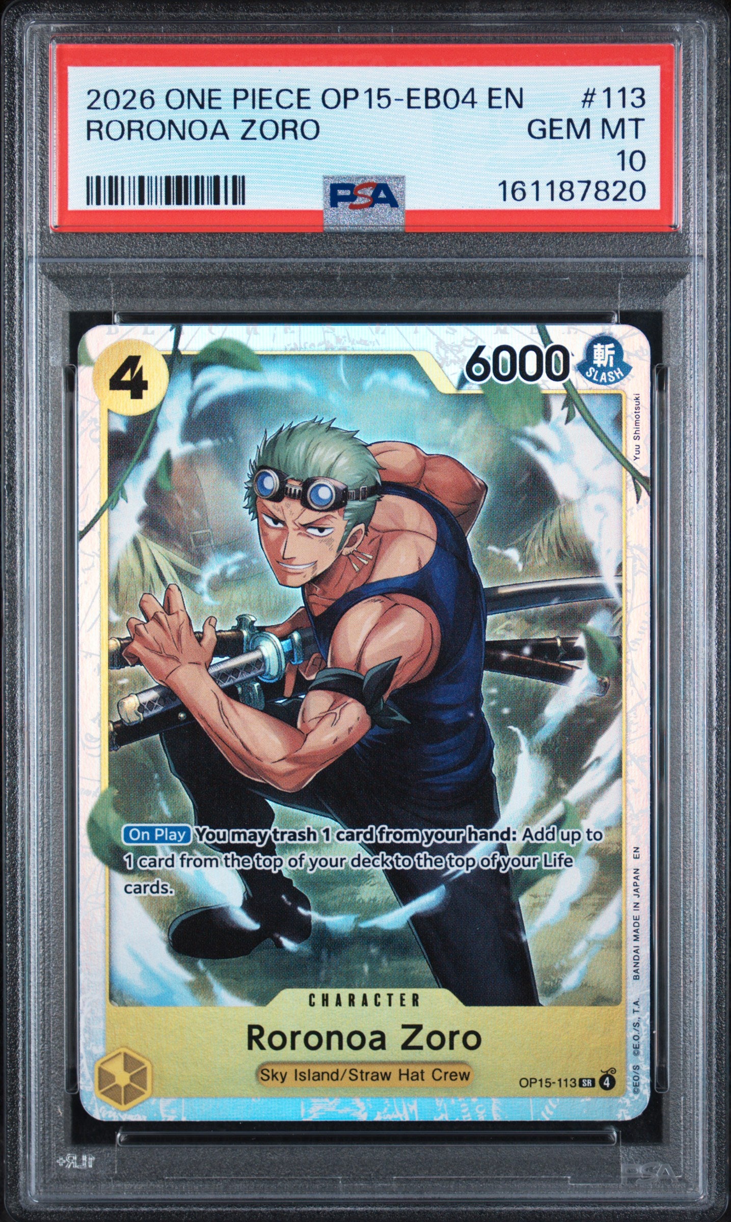 2026 ONE PIECE OP15-EB04-ADVENTURE ON KAMI'S ISLAND #113 RORONOA ZORO PSA 10