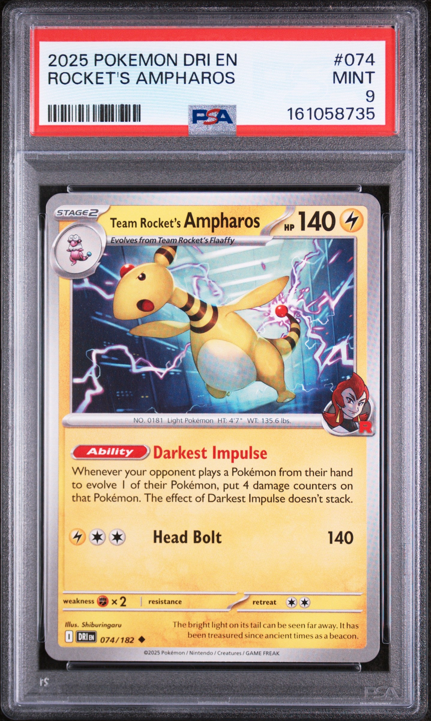2025 POKEMON DRI EN-DESTINED RIVALS #074 ROCKET'S AMPHAROS PSA 9