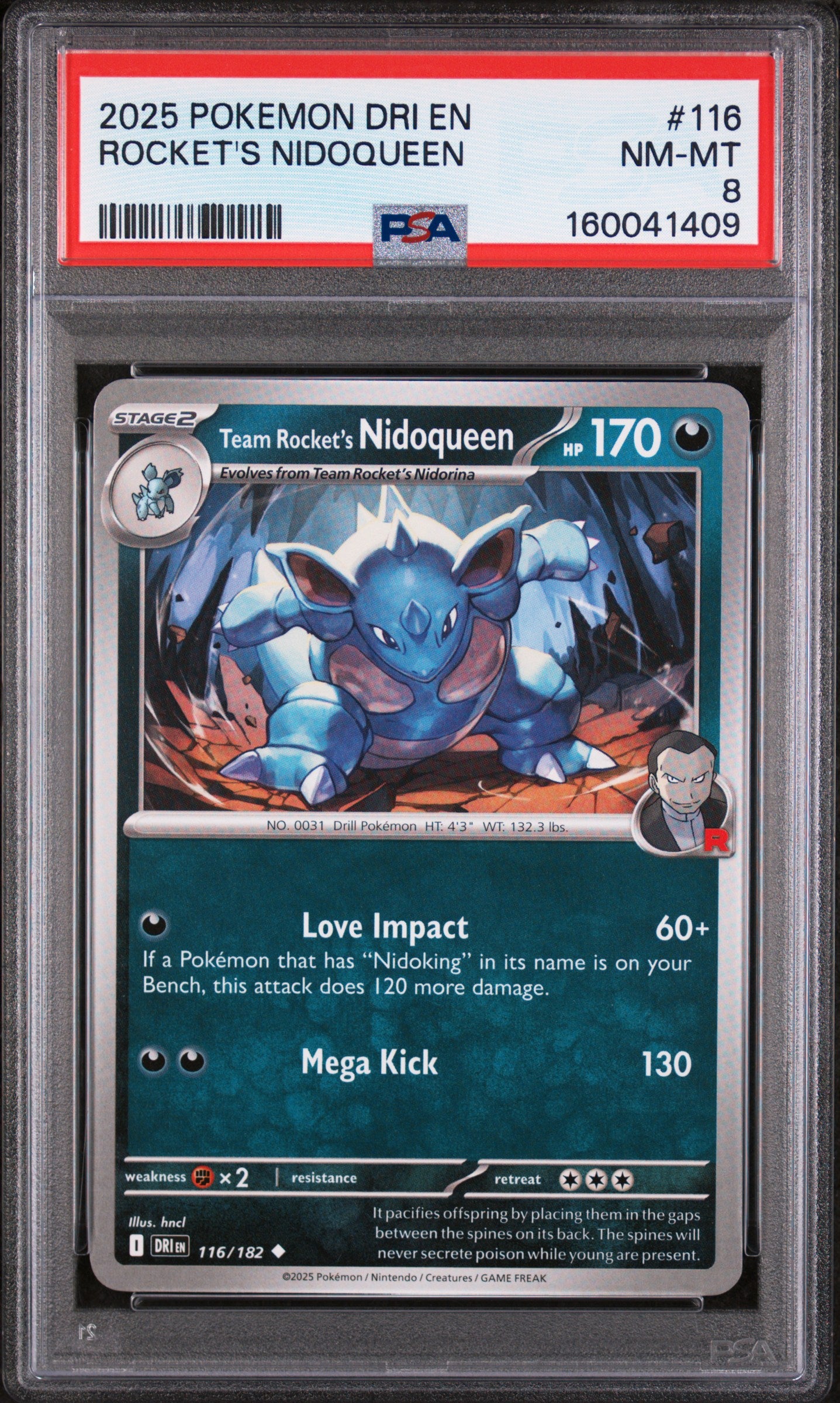 2025 POKEMON DRI EN-DESTINED RIVALS #116 ROCKET'S NIDOQUEEN PSA 8