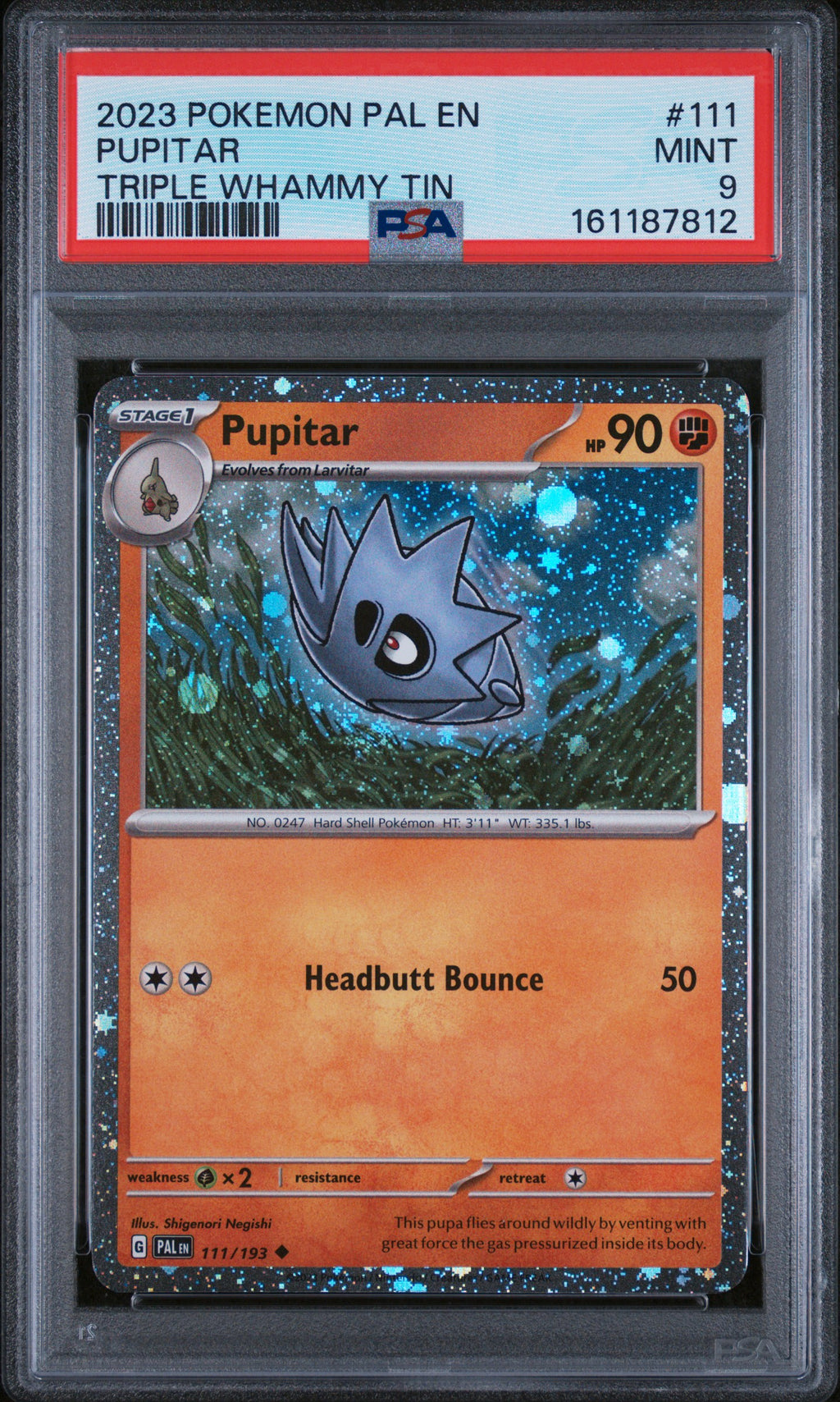 2023 POKEMON PAL EN-PALDEA EVOLVED #111 PUPITAR TRIPLE WHAMMY TIN PSA 9