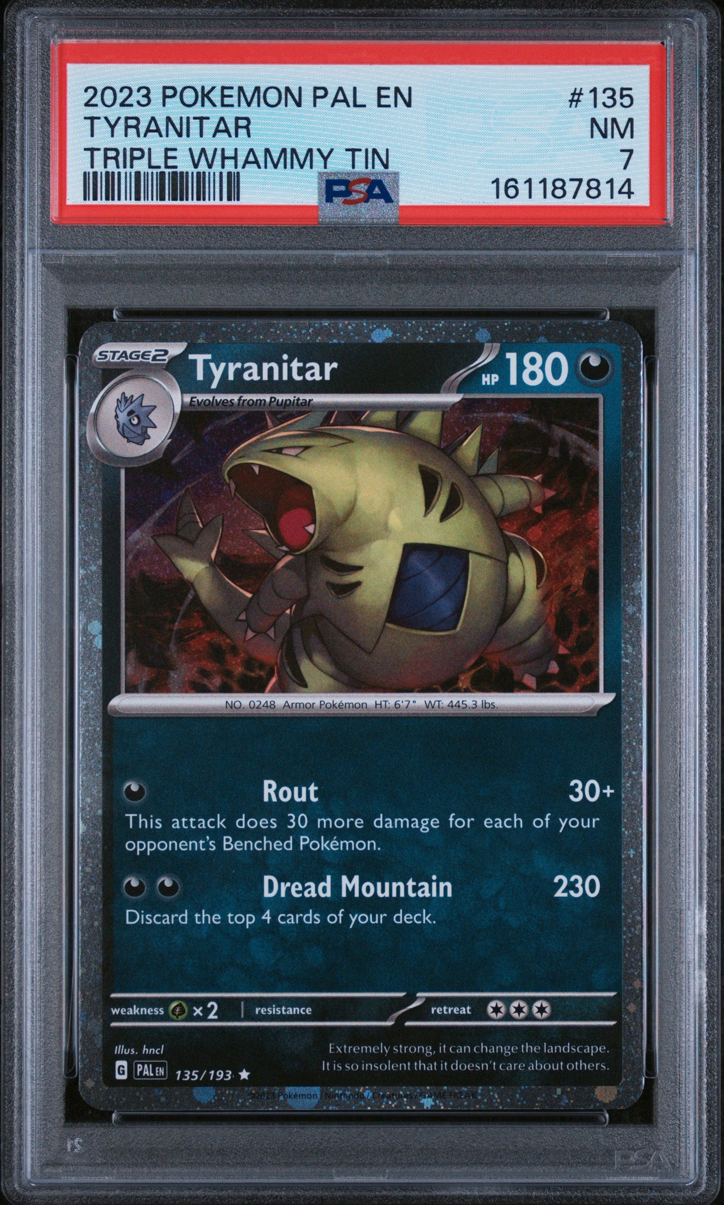 2023 POKEMON PAL EN-PALDEA EVOLVED #135 TYRANITAR TRIPLE WHAMMY TIN PSA 7