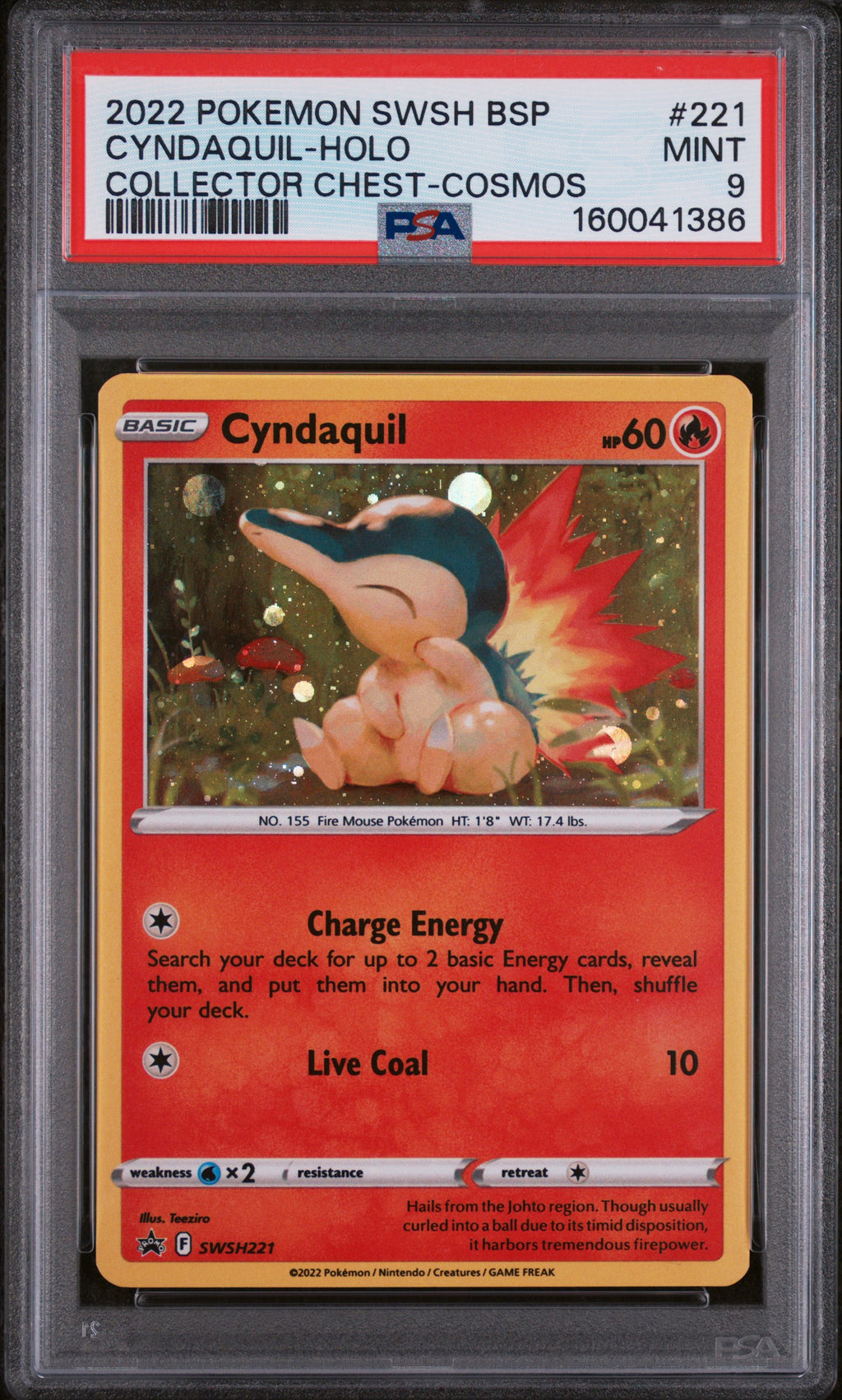 2022 POKEMON SWSH BLACK STAR PROMO #221 CYNDAQUIL-HOLO COLLECTOR CHEST-COSMOS PSA 9