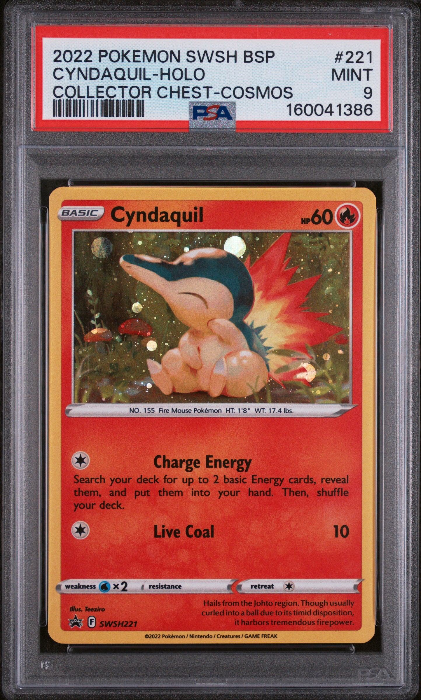 2022 POKEMON SWSH BLACK STAR PROMO #221 CYNDAQUIL-HOLO COLLECTOR CHEST-COSMOS PSA 9