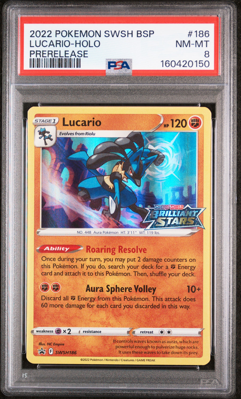 2022 POKEMON SWSH BLACK STAR PROMO #186 LUCARIO-HOLO PRERELEASE PSA 8