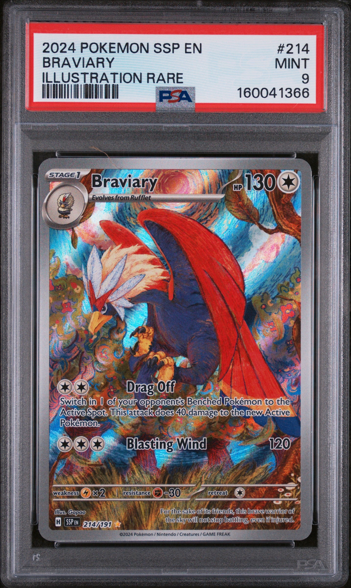 2024 POKEMON SSP EN-SURGING SPARKS #214 BRAVIARY ILLUSTRATION RARE PSA 9
