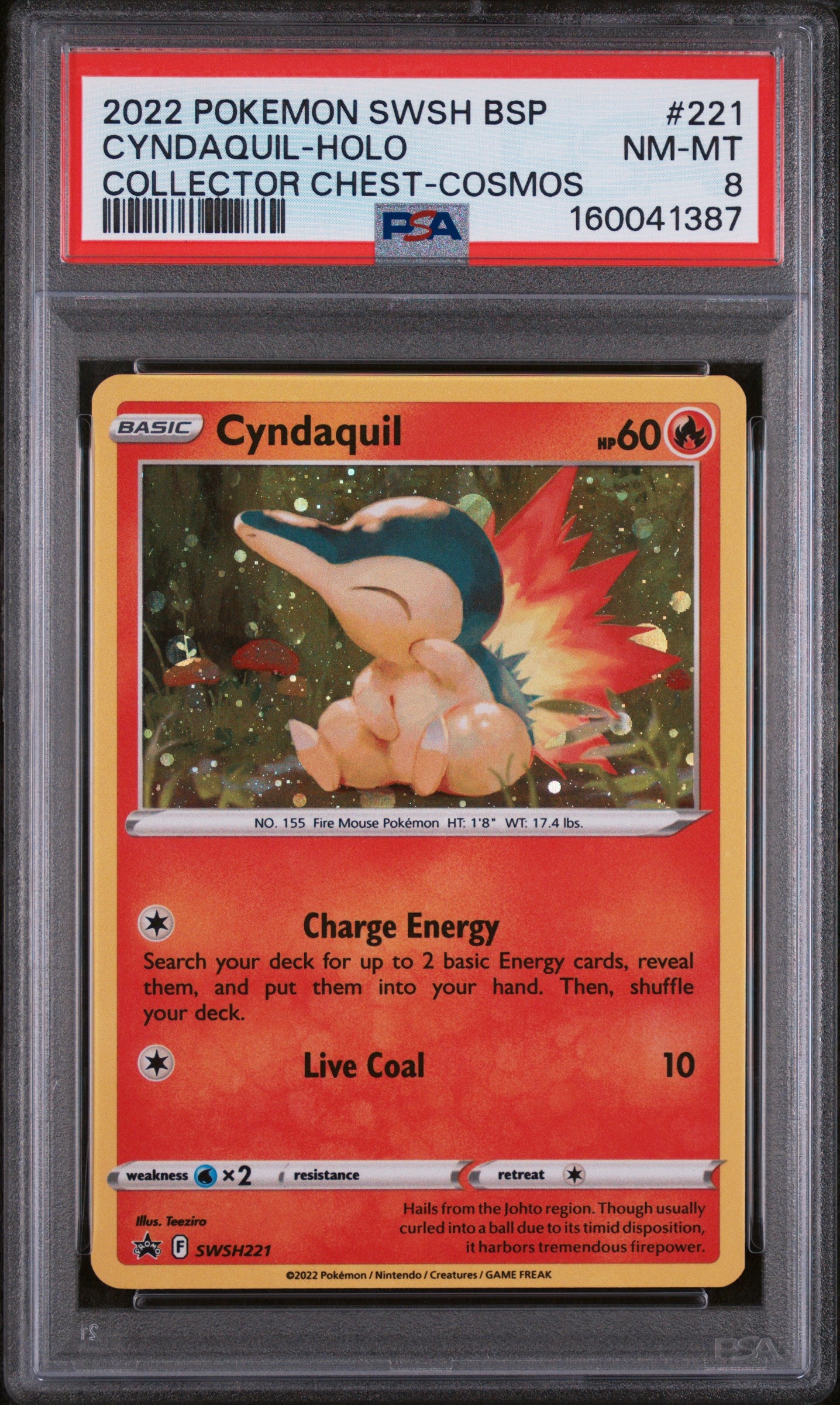 2022 POKEMON SWSH BLACK STAR PROMO #221 CYNDAQUIL-HOLO COLLECTOR CHEST-COSMOS PSA 8