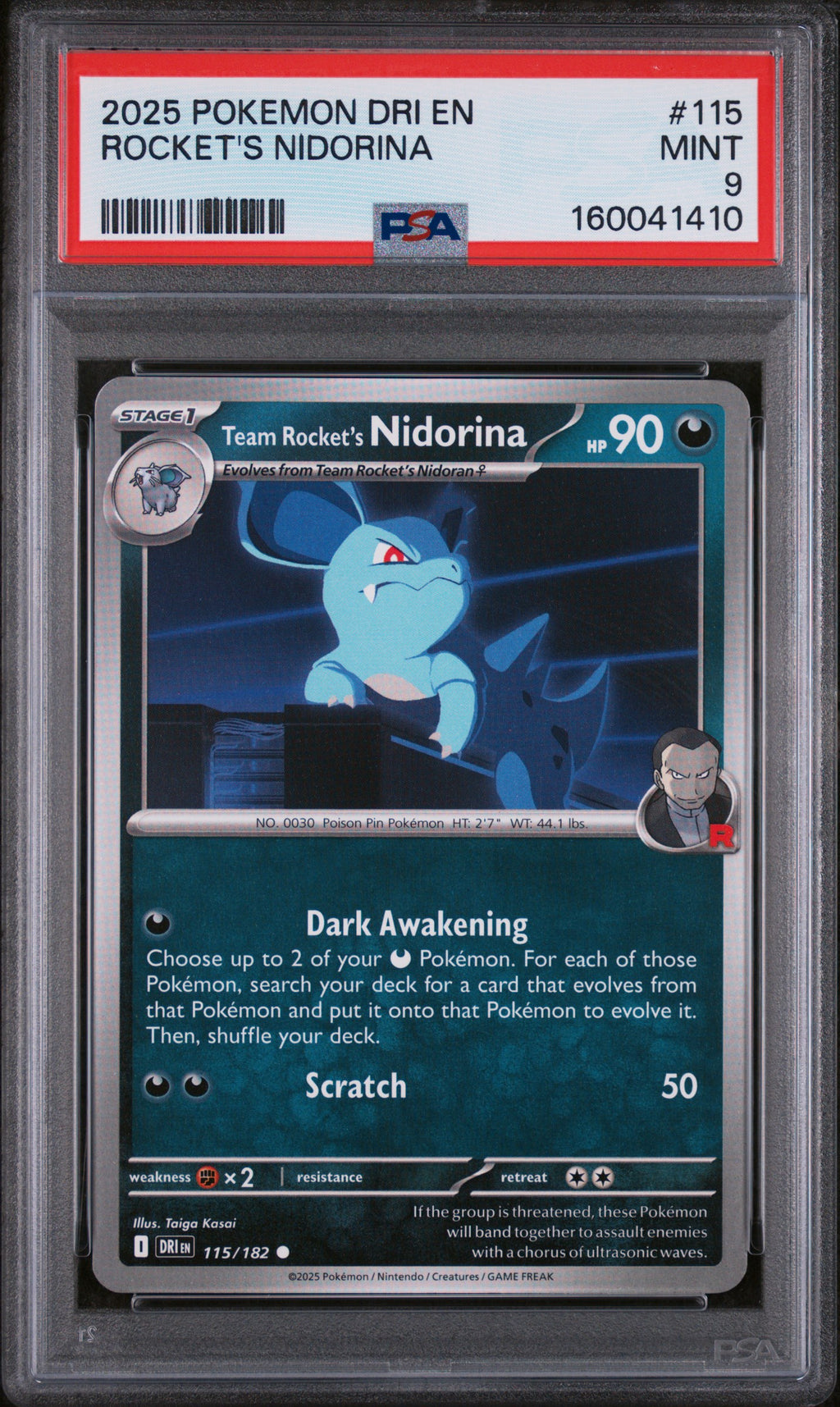 2025 POKEMON DRI EN-DESTINED RIVALS #115 ROCKET'S NIDORINA PSA 9