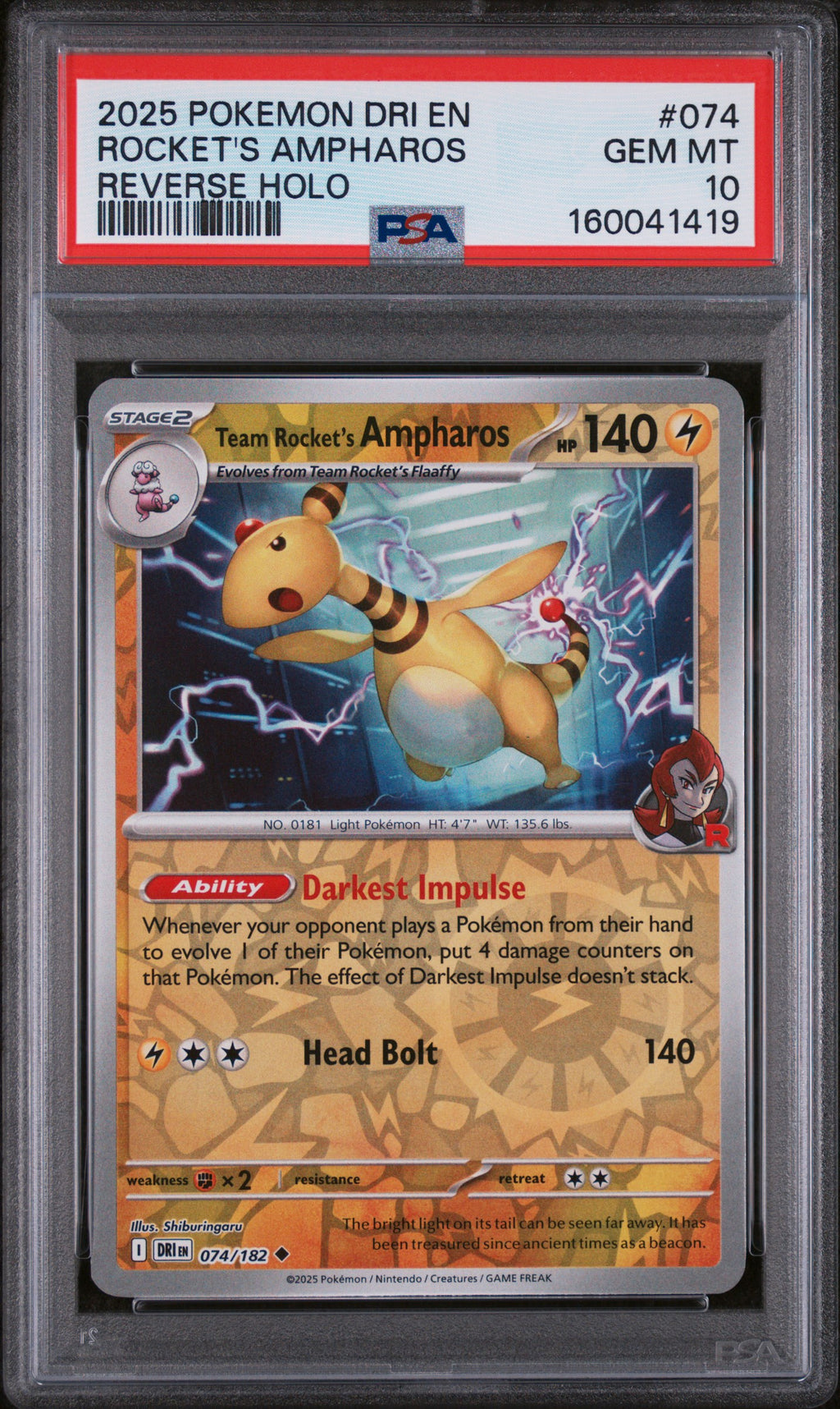 2025 POKEMON DRI EN-DESTINED RIVALS #074 ROCKET'S AMPHAROS REVERSE HOLO PSA 10