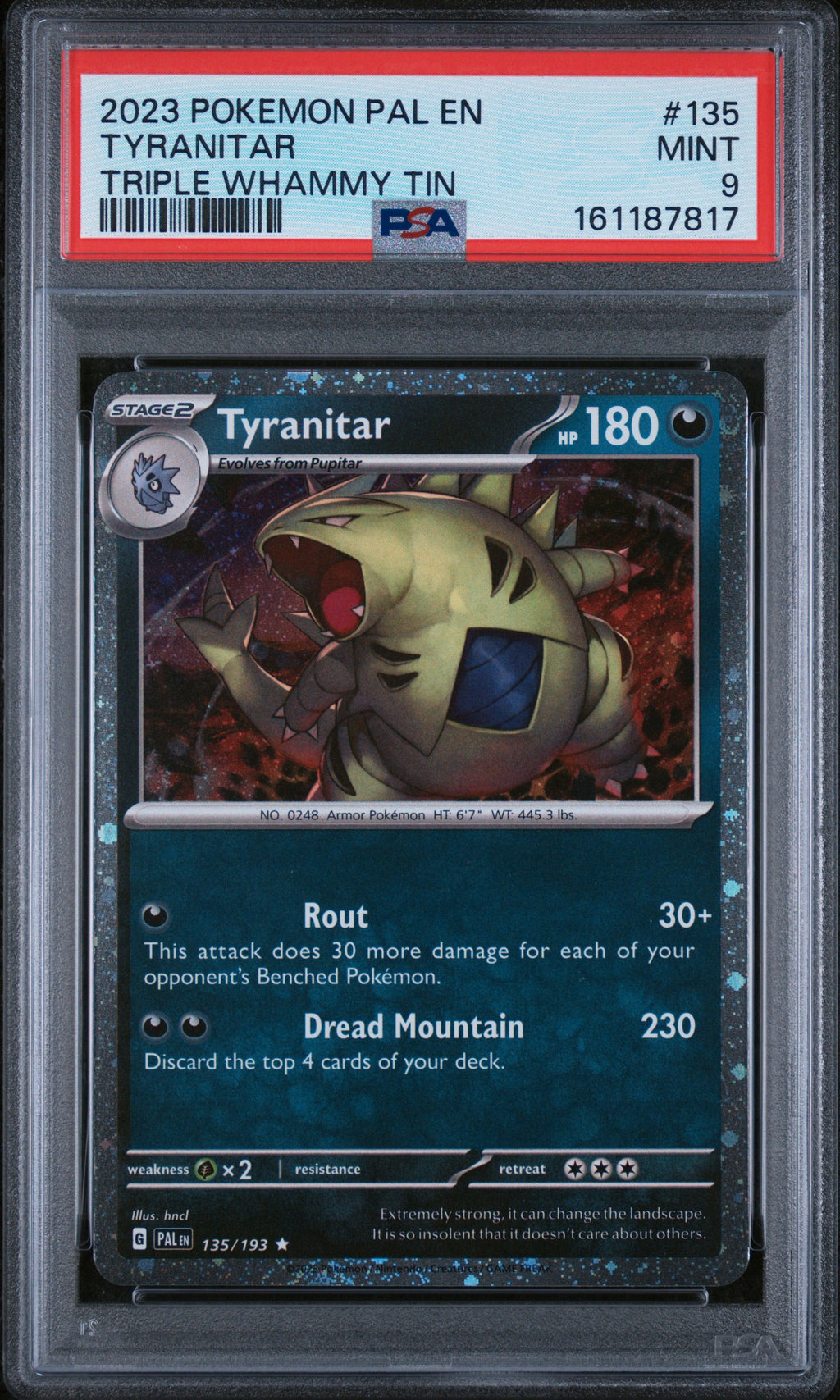 2023 POKEMON PAL EN-PALDEA EVOLVED #135 TYRANITAR TRIPLE WHAMMY TIN PSA 9