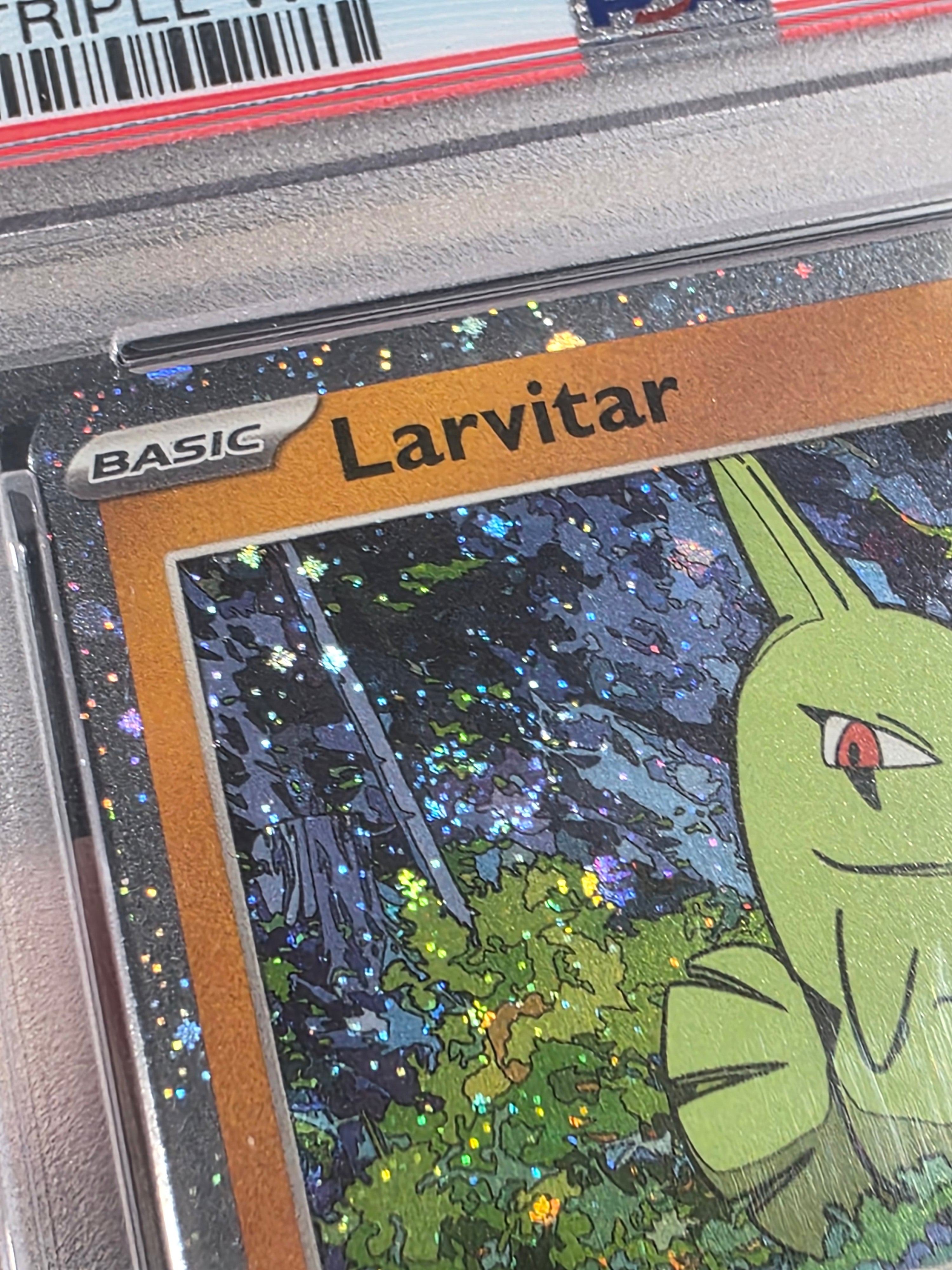 2023 POKEMON PAL EN-PALDEA EVOLVED #110 LARVITAR TRIPLE WHAMMY TIN PSA 8 SWIRL