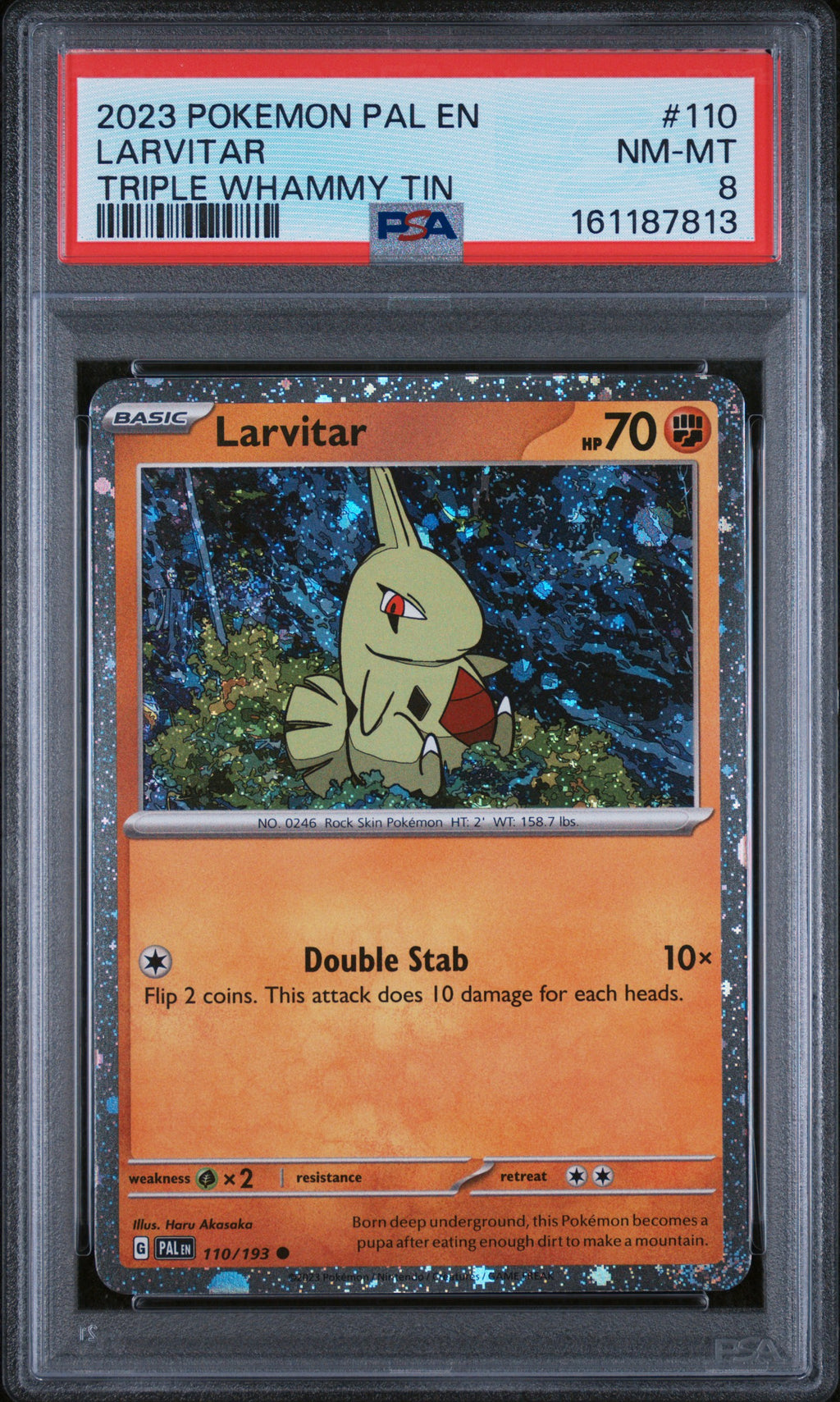 2023 POKEMON PAL EN-PALDEA EVOLVED #110 LARVITAR TRIPLE WHAMMY TIN PSA 8 SWIRL