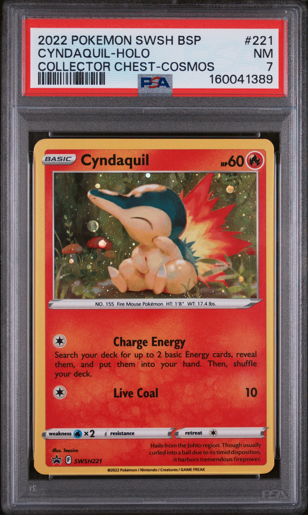 2022 POKEMON SWSH BLACK STAR PROMO #221 CYNDAQUIL-HOLO COLLECTOR CHEST-COSMOS PSA 7