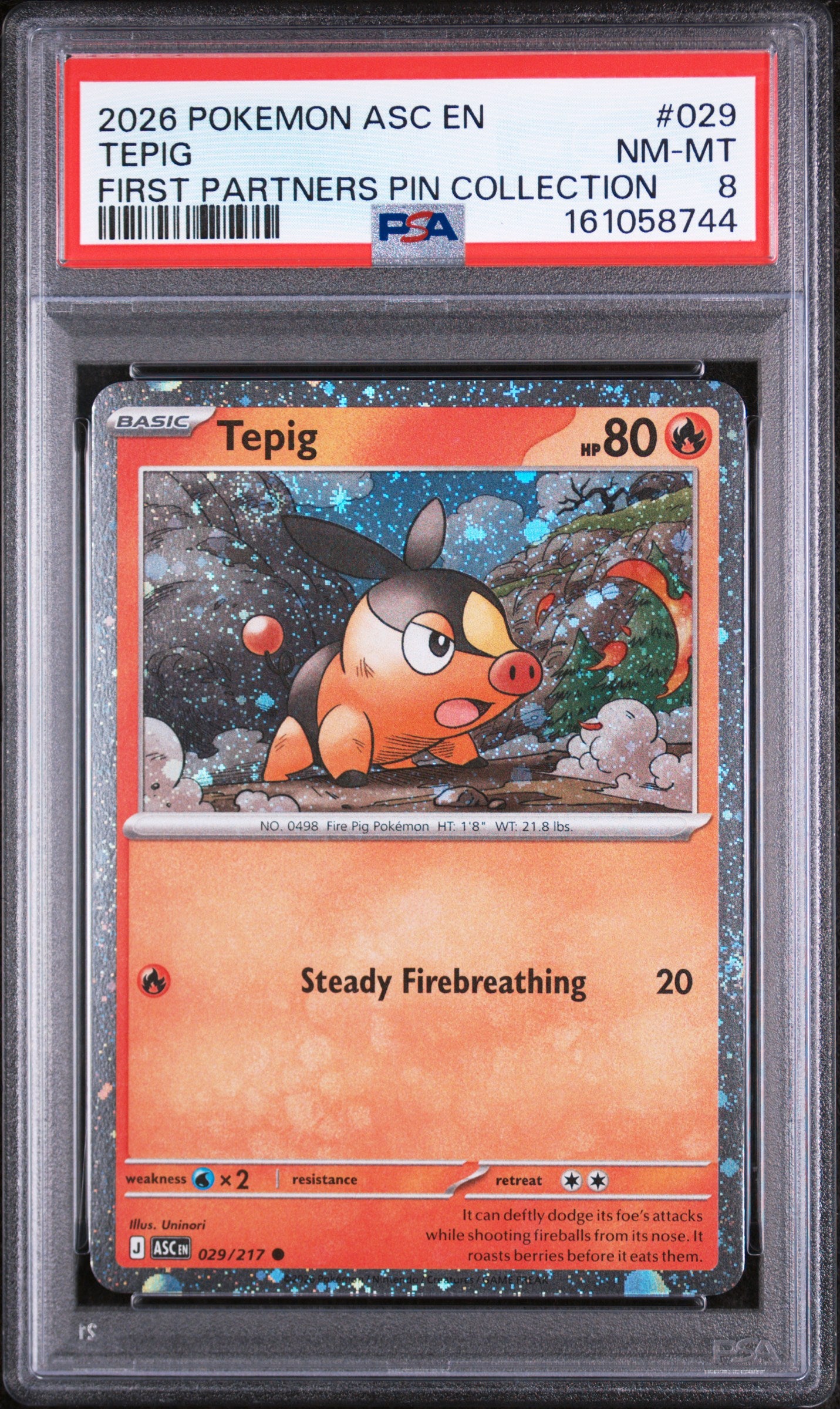 2026 POKEMON ASC EN-ASCENDED HEROES #029 TEPIG FIRST PARTNERS PIN COLLECTION PSA 8 SWIRL